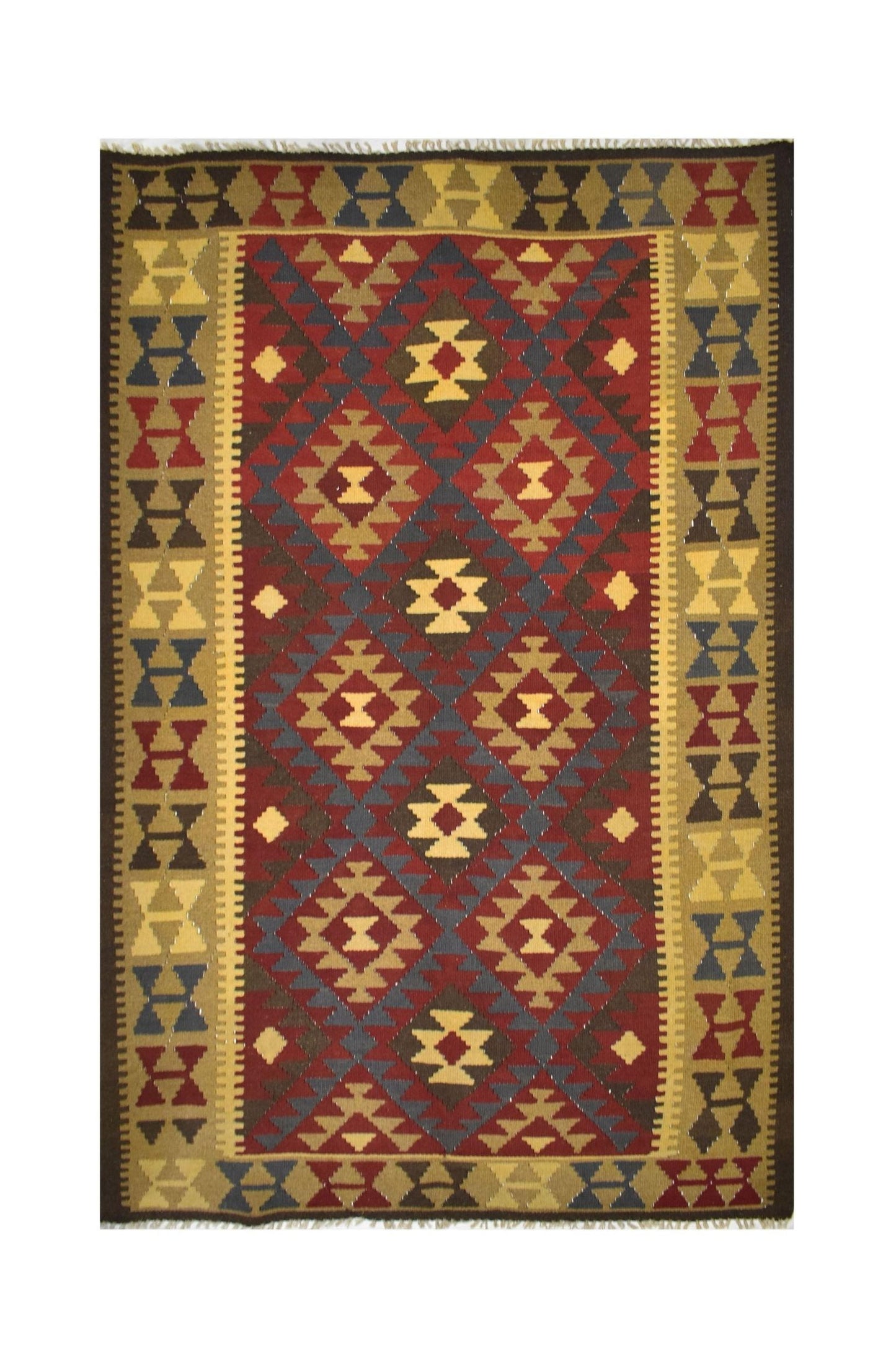Handmade Afghan Maimana kilim rug featuring a geometric pattern in red, blue, and tan wool.