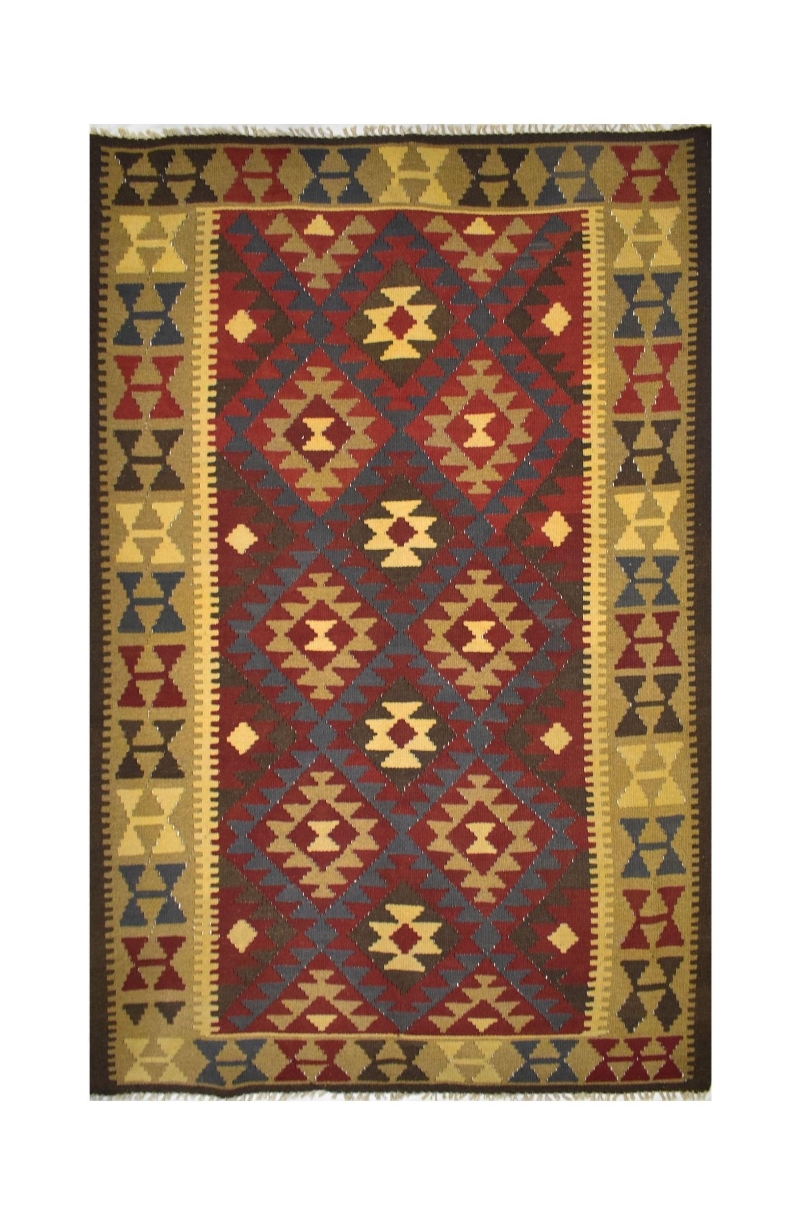 Handmade Afghan Maimana kilim rug featuring a geometric pattern in red, blue, and tan wool.