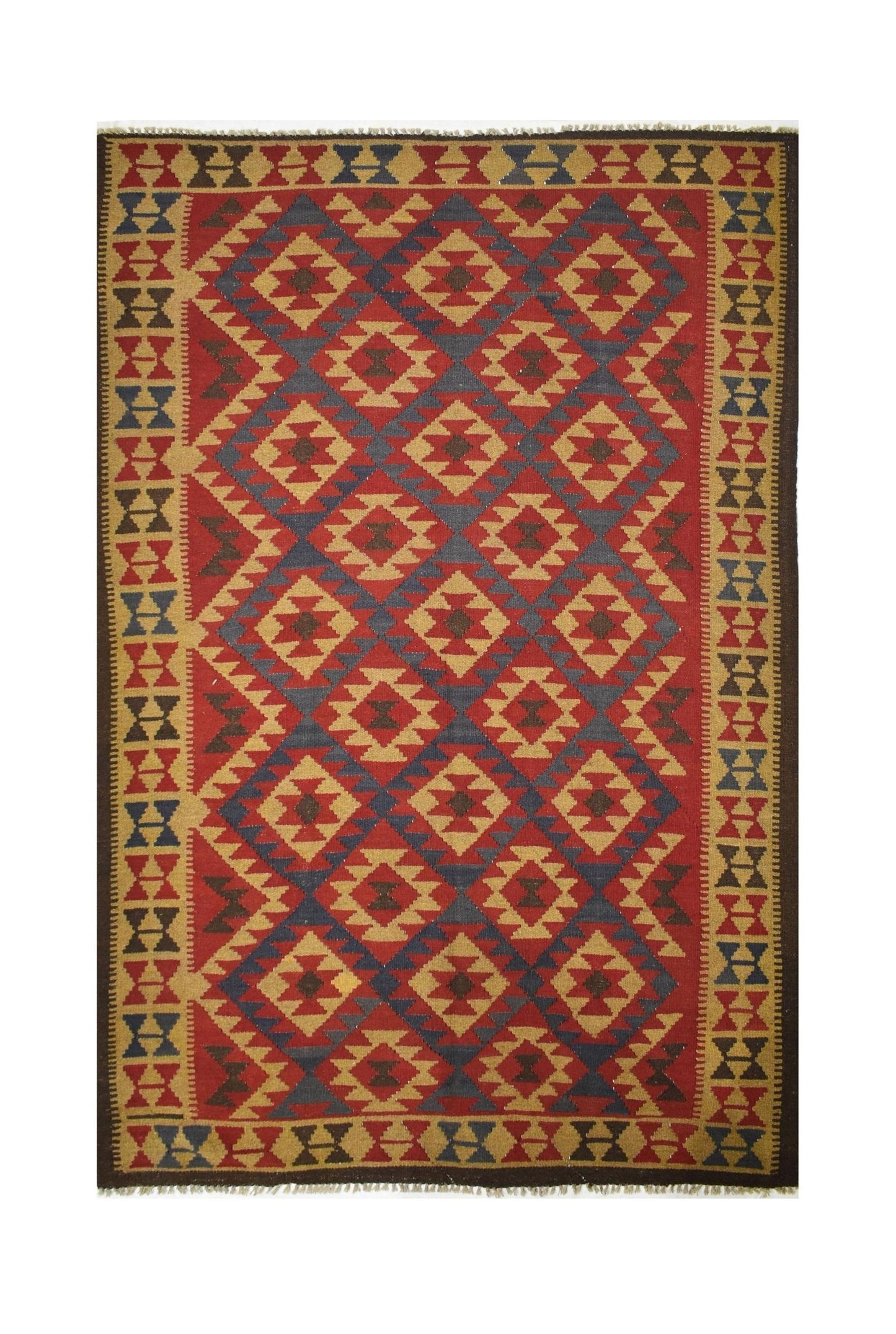 Handmade Afghan Maimana kilim rug featuring a geometric diamond pattern in red, blue, and tan.