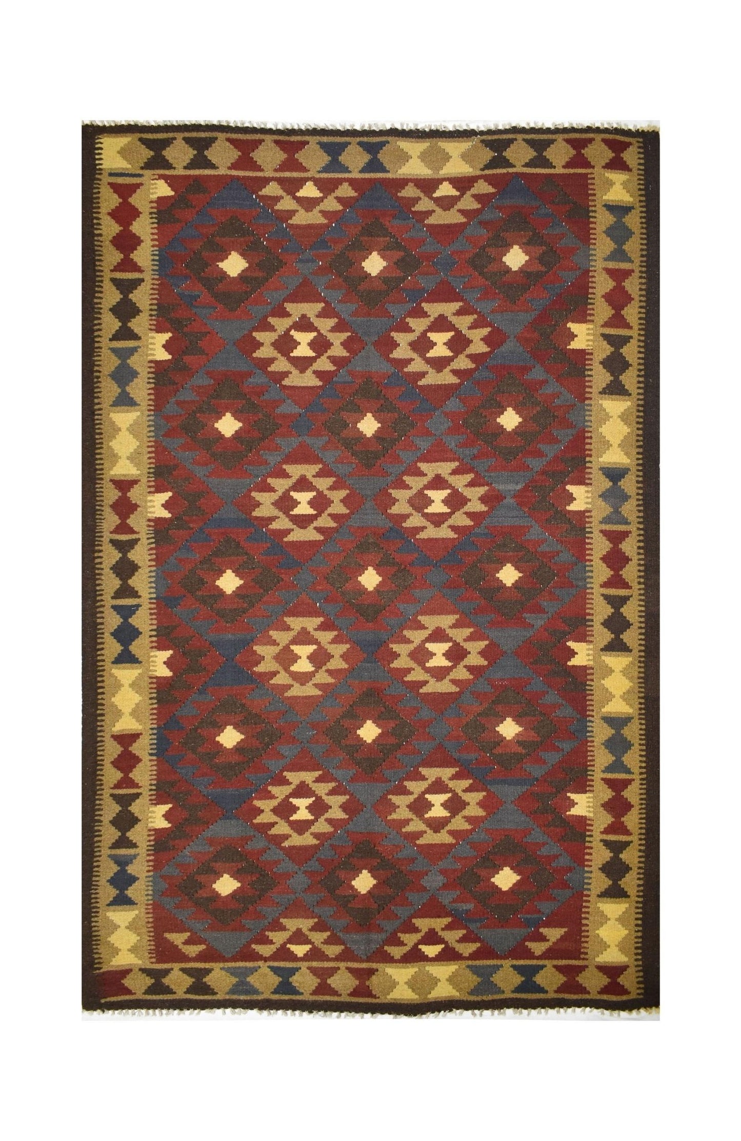 Handmade Afghan Maimana kilim rug featuring a geometric diamond pattern in red, blue, and tan.