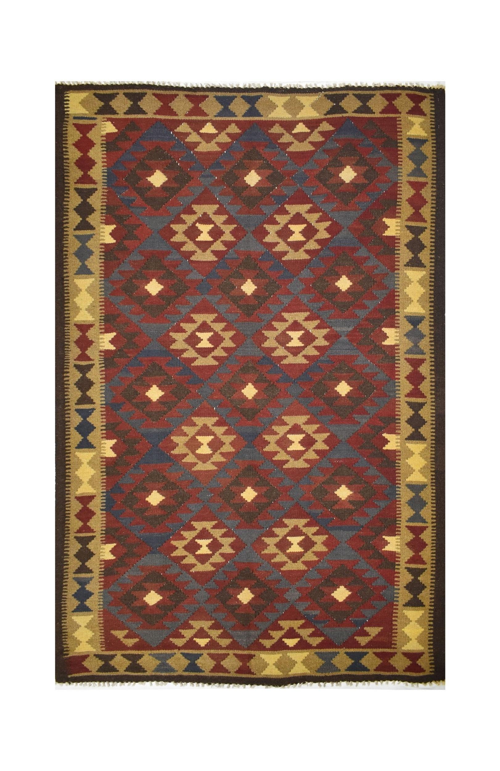 Handmade Afghan Maimana kilim rug featuring a geometric diamond pattern in red, blue, and tan.
