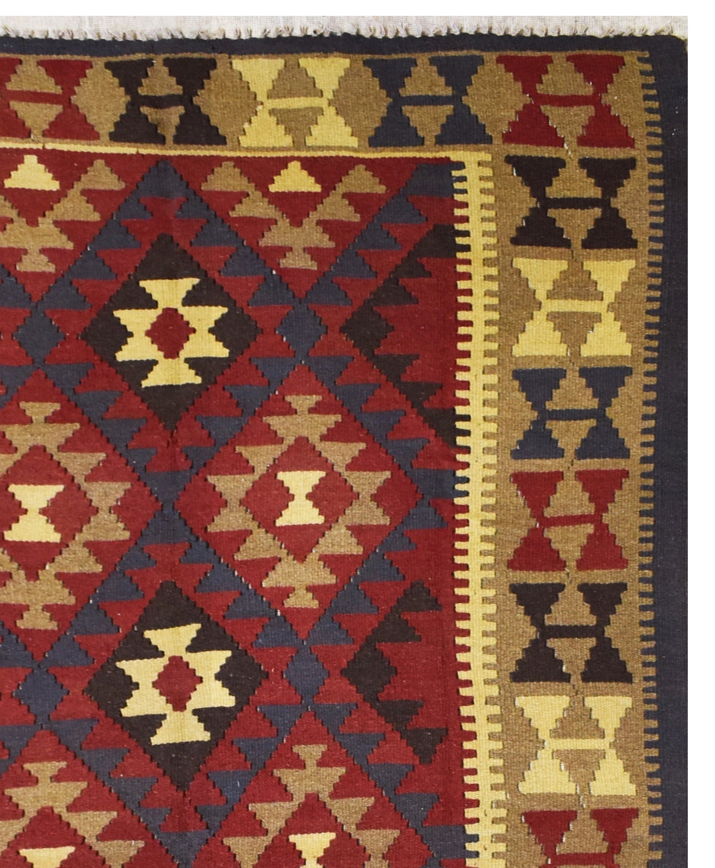 Handwoven Afghan Maimana kilim rug featuring a geometric diamond pattern in red, tan, and blue.