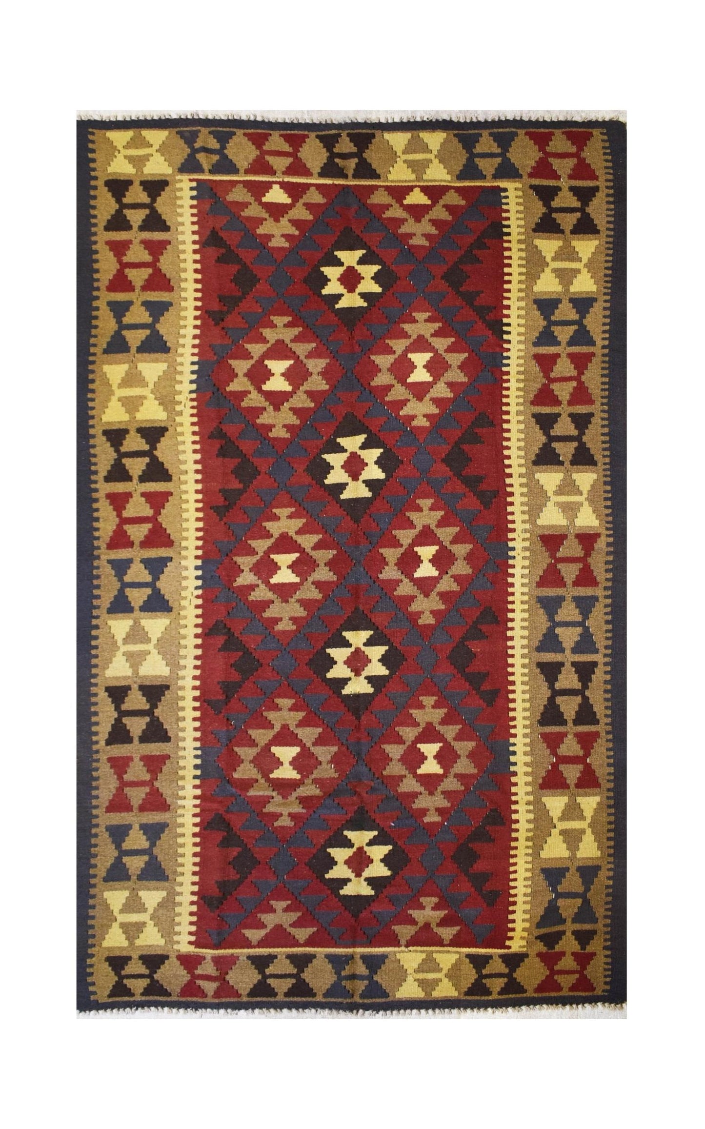 Handmade Afghan Maimana kilim rug featuring a geometric diamond pattern in red, blue, and tan.
