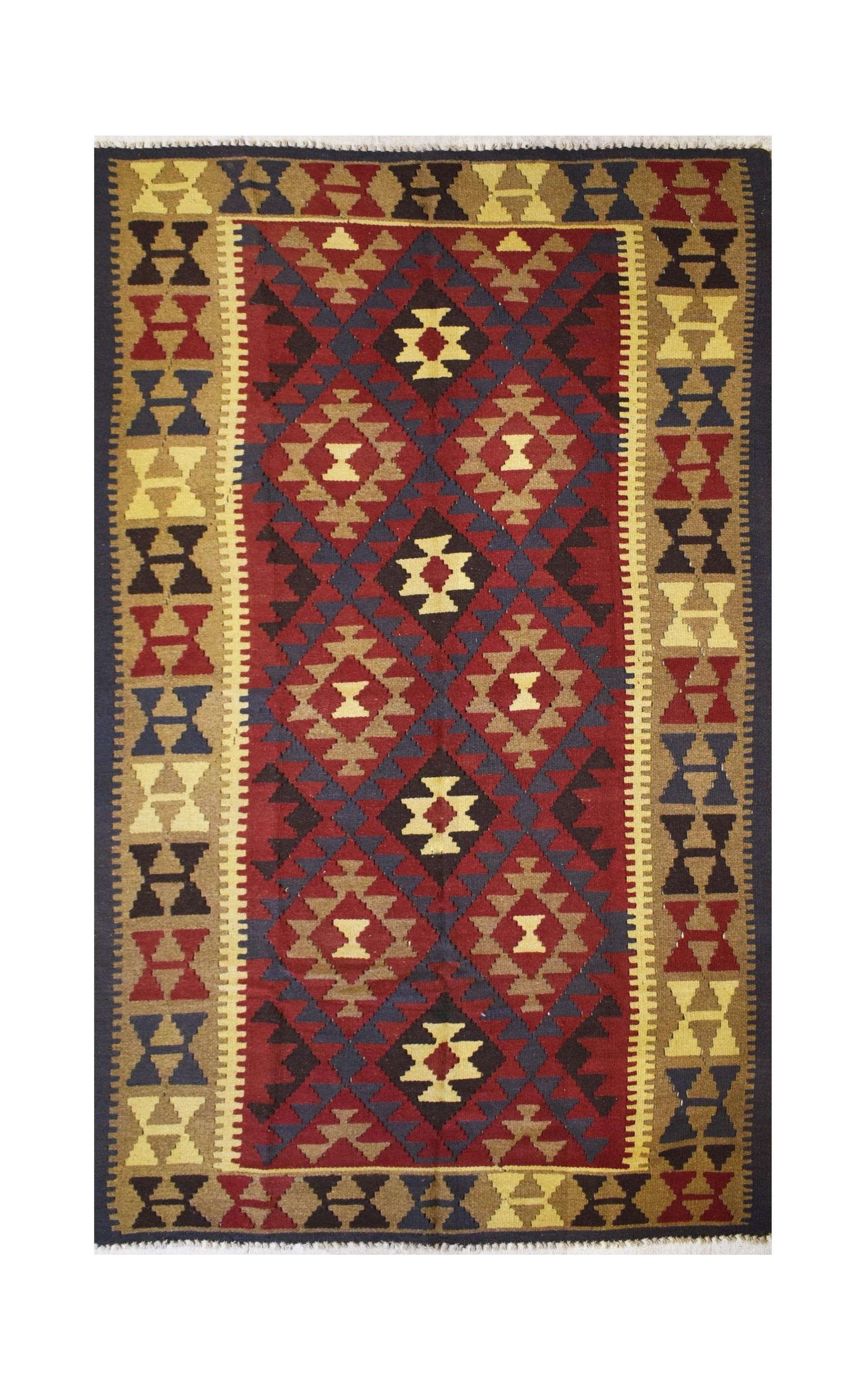 Handmade Afghan Maimana kilim rug featuring a geometric diamond pattern in red, blue, and tan.