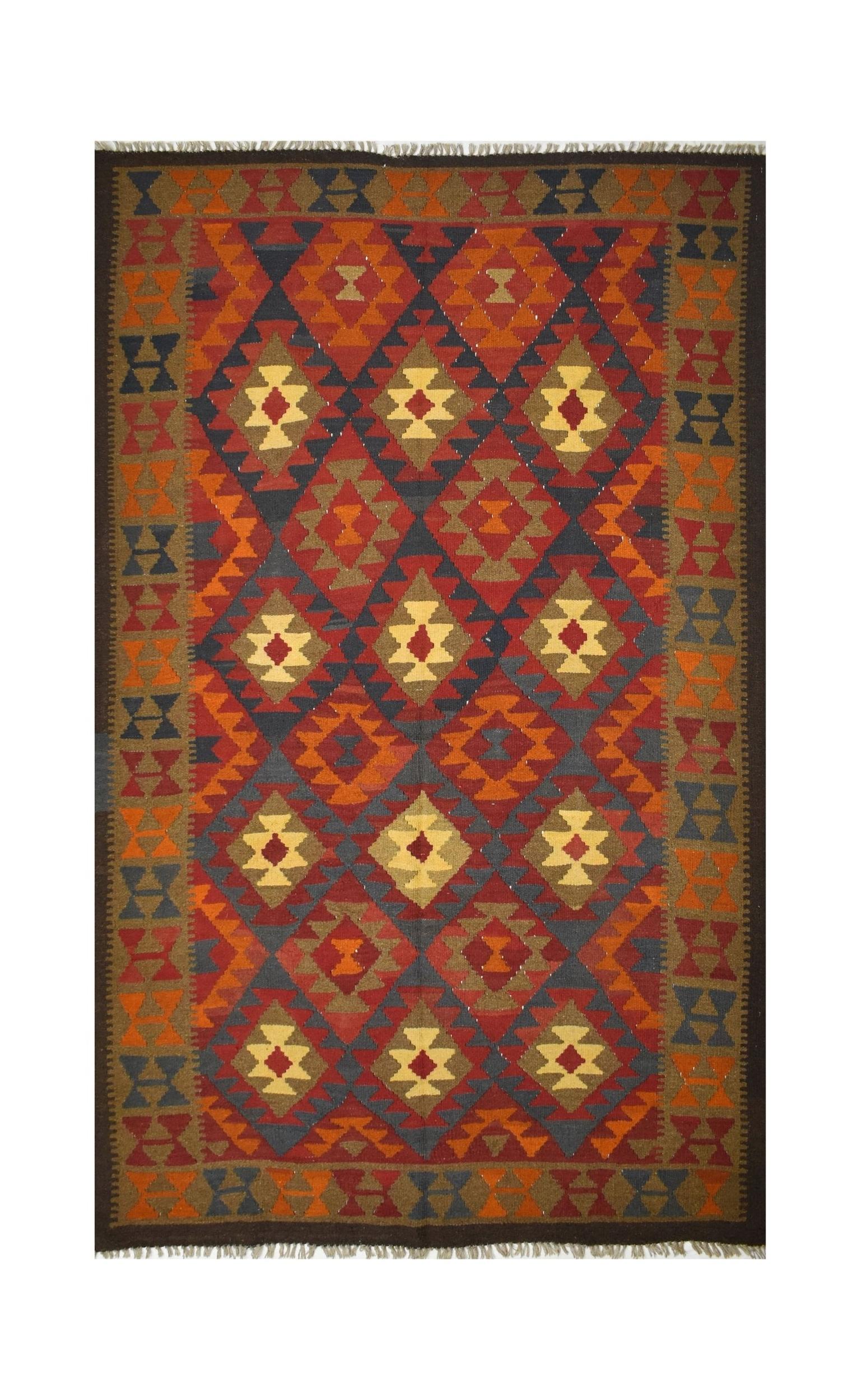 Handmade Afghan Maimana kilim rug featuring a geometric diamond pattern in warm earth tones.