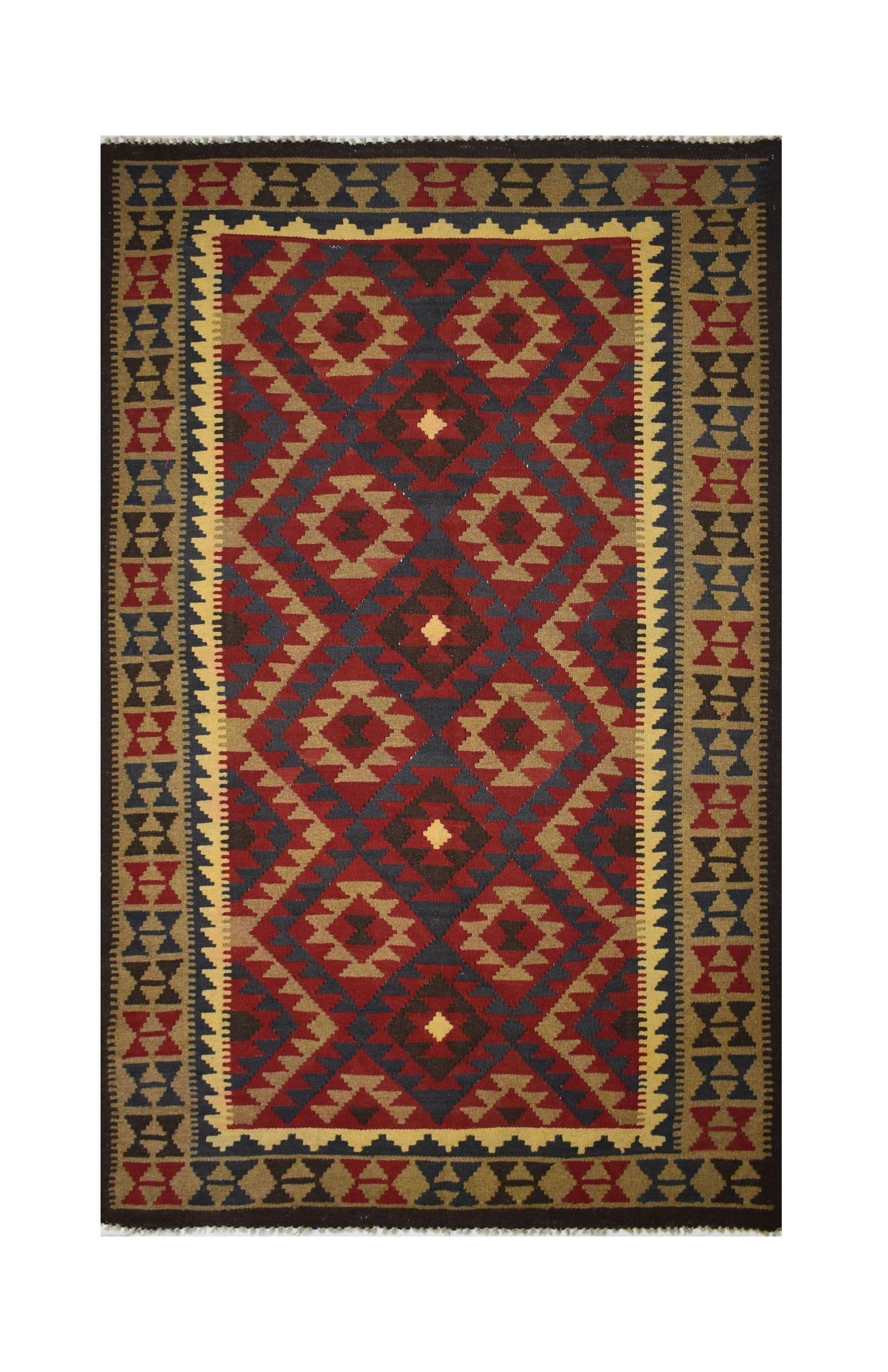 Handmade Afghan Maimana kilim rug featuring a geometric diamond pattern in red, blue, and tan.
