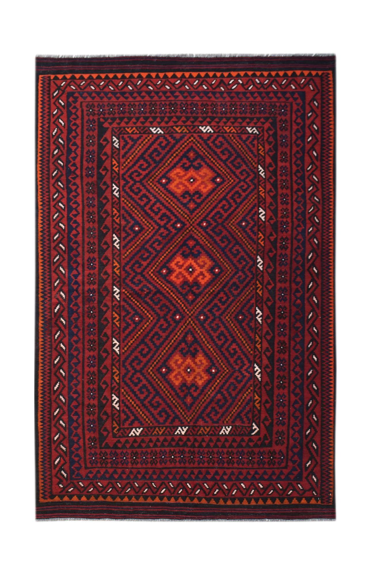 Handwoven Afghan Maimana kilim featuring a geometric pattern in shades of red and dark blue.
