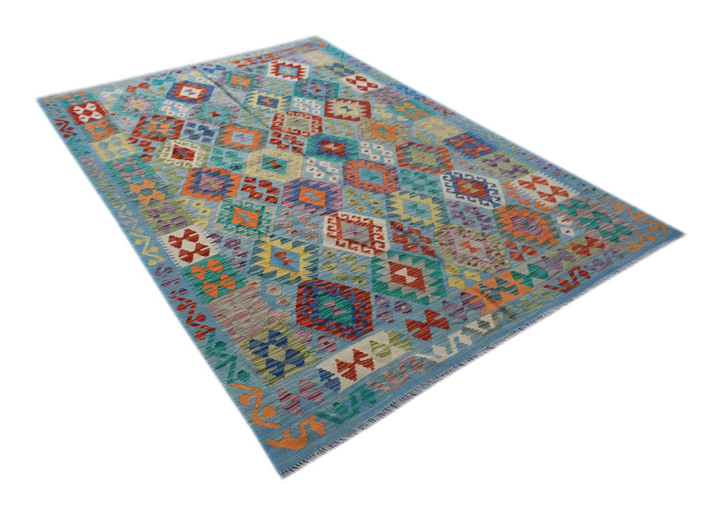 Handwoven Afghan Maimana kilim rug featuring a vibrant geometric pattern on a light blue background.