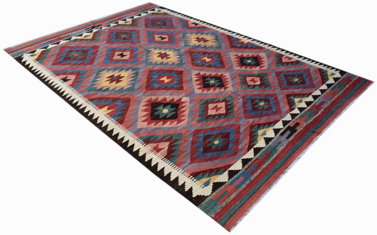 Handwoven Afghan Maimana kilim rug featuring a colorful geometric diamond pattern.