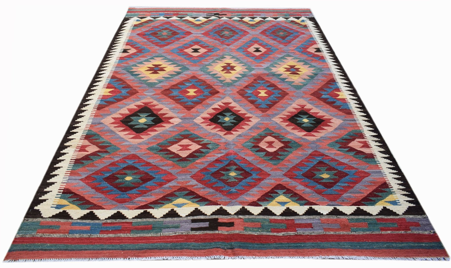 Handwoven Afghan Maimana kilim rug featuring a colorful geometric diamond pattern.