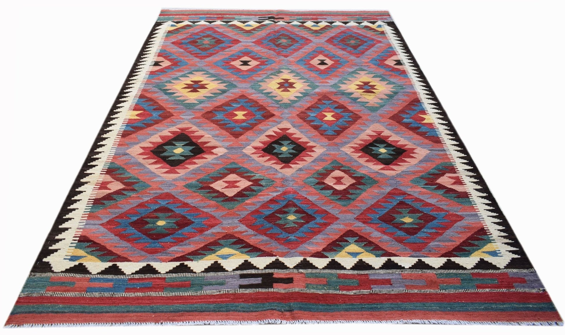 Handwoven Afghan Maimana kilim rug featuring a colorful geometric diamond pattern.