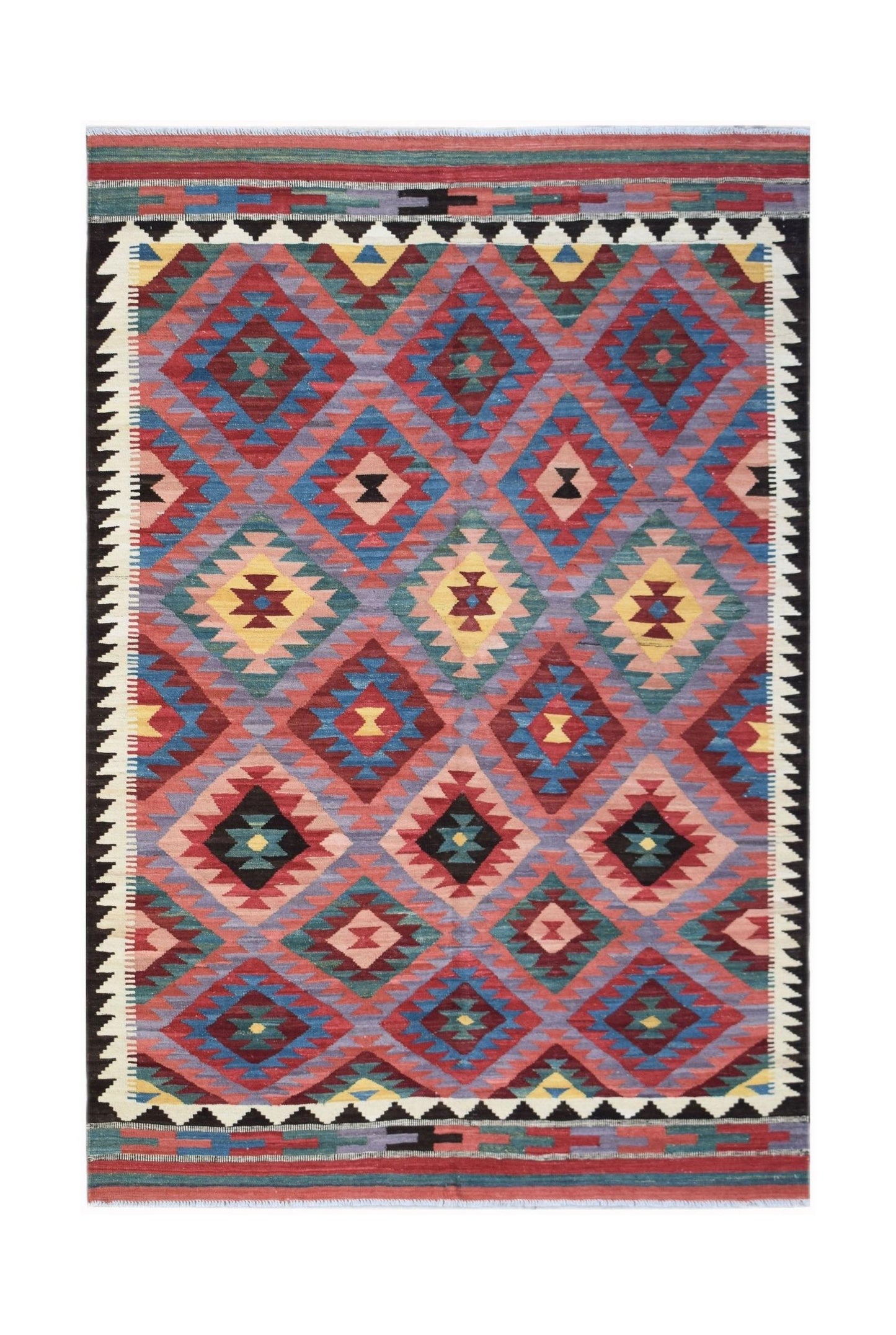 Handwoven Afghan Maimana kilim rug featuring a colorful geometric diamond pattern.