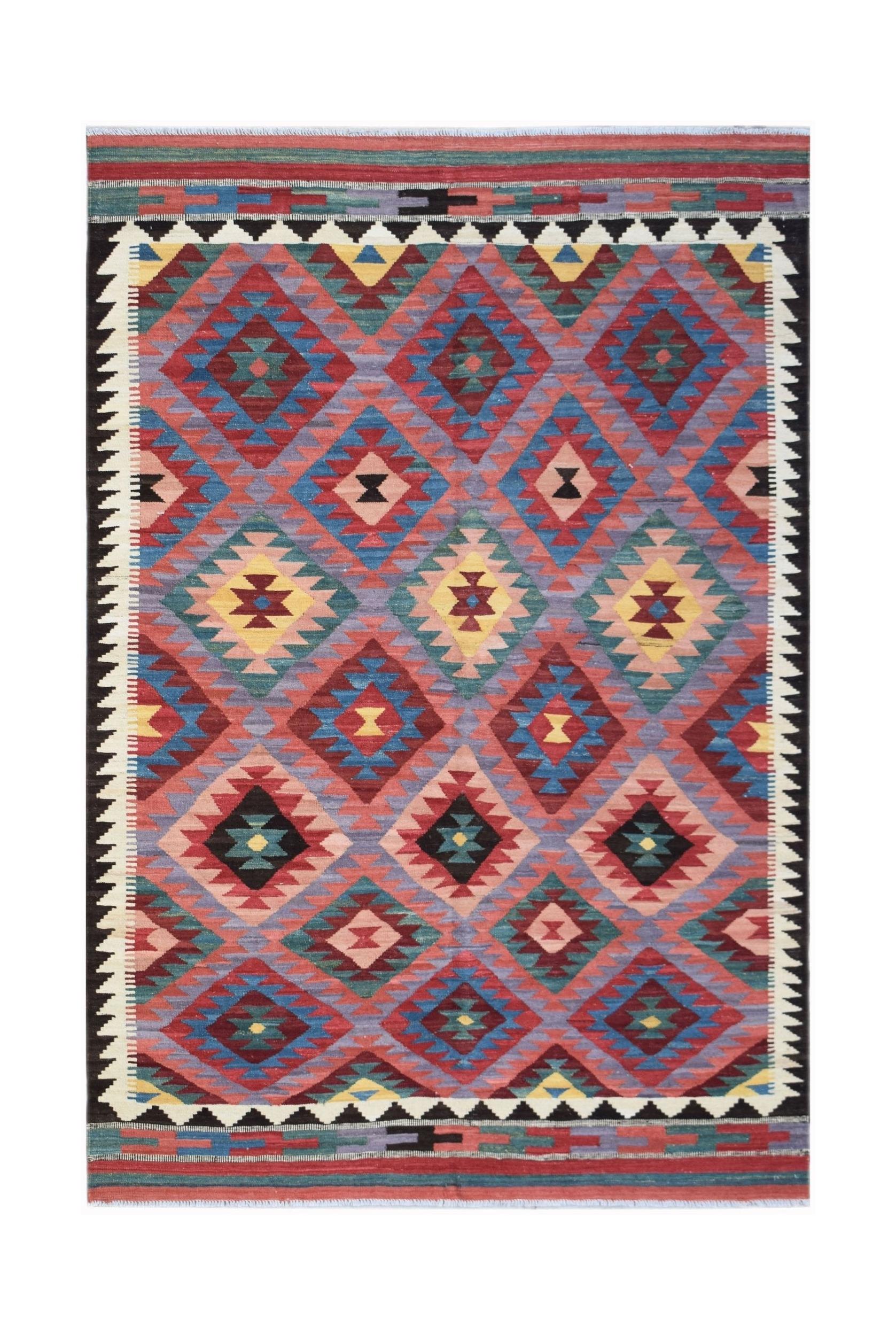 Handwoven Afghan Maimana kilim rug featuring a colorful geometric diamond pattern.