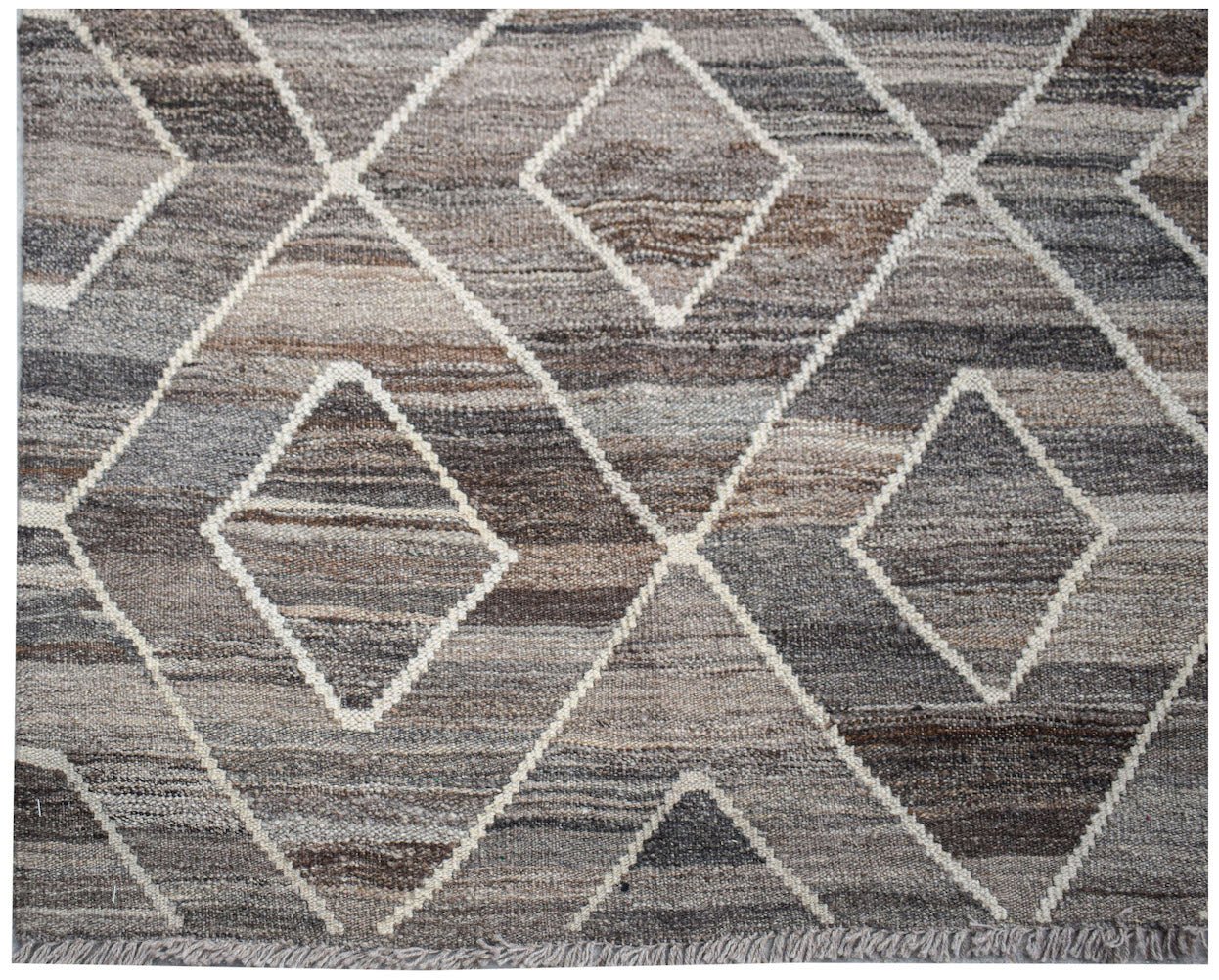 Afghan Maimana Kilim with a diamond pattern in shades of grey and brown.