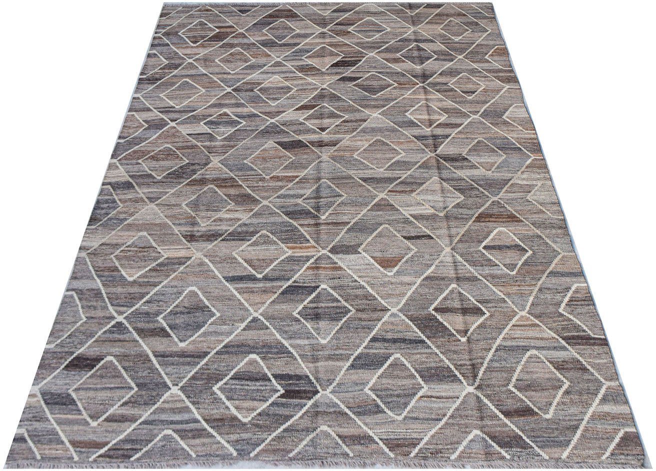 Afghan Maimana Kilim with a diamond pattern in shades of brown and grey.