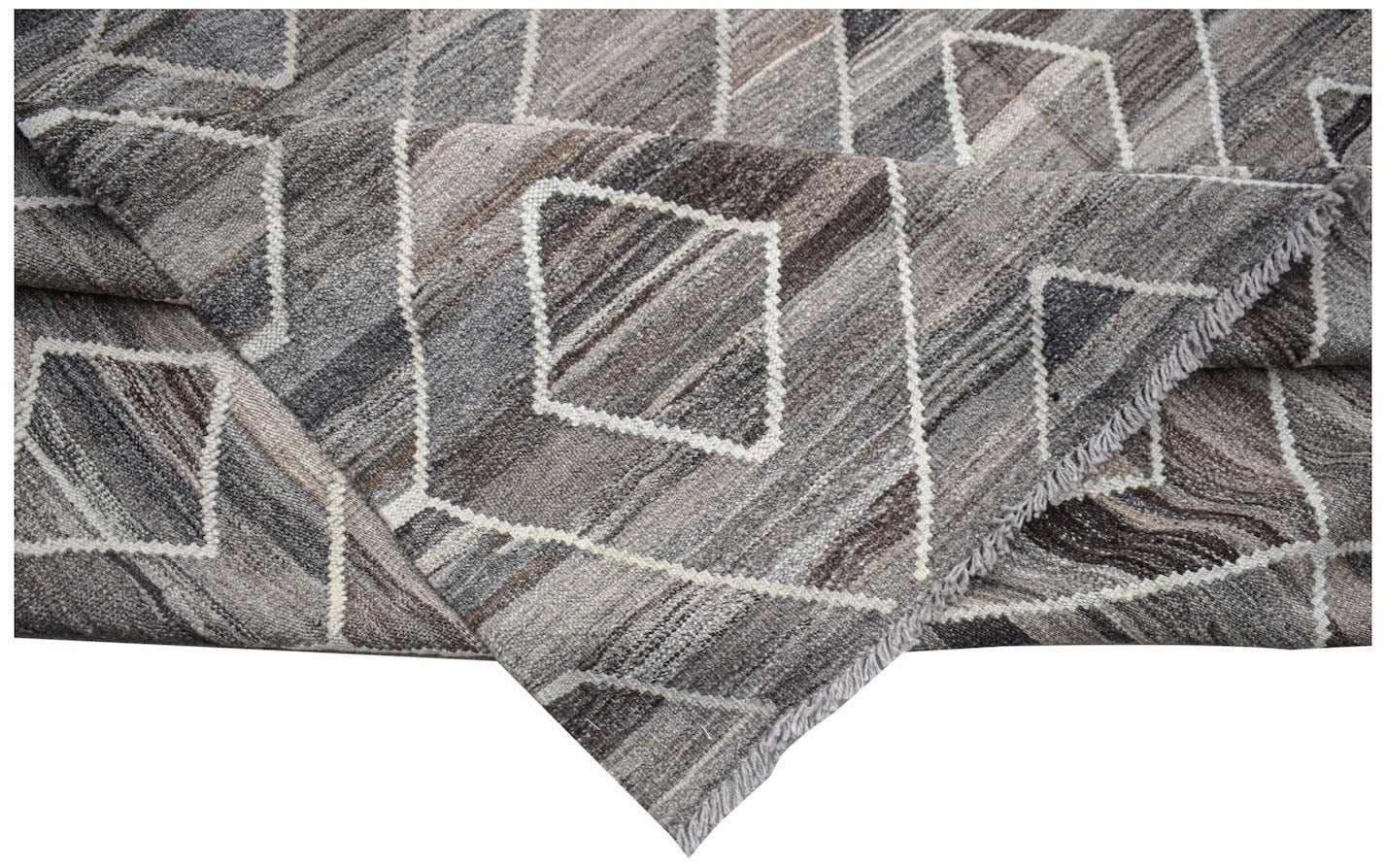 Handwoven Afghan Maimana kilim rug featuring a grey and brown geometric diamond pattern.