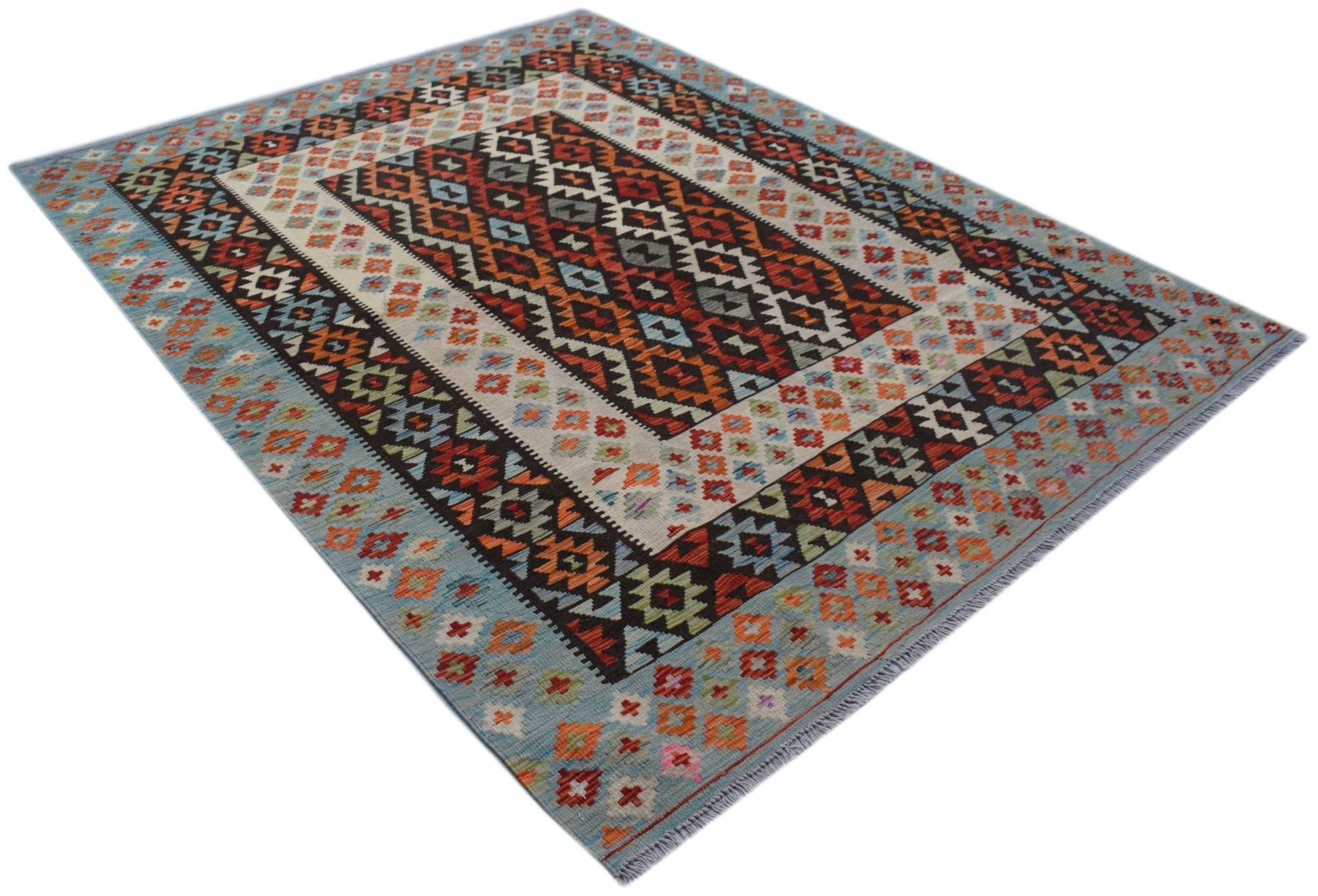 Handmade Afghan Maimana kilim rug featuring a geometric pattern in rich, multi-colored wool.