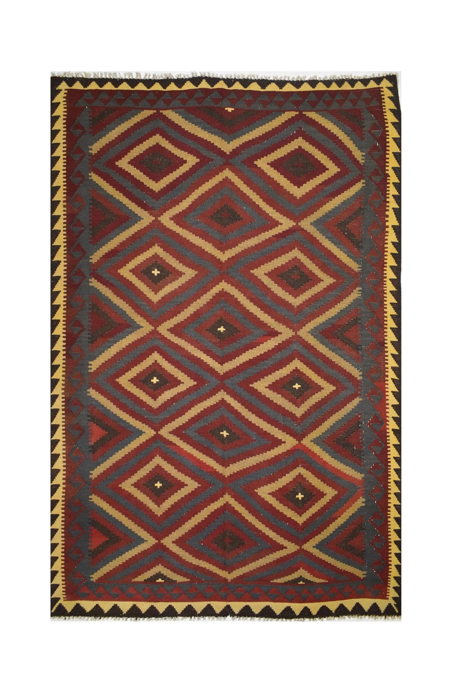 Handmade Afghan Maimana kilim rug featuring a repeating diamond pattern in red, gold, and charcoal.