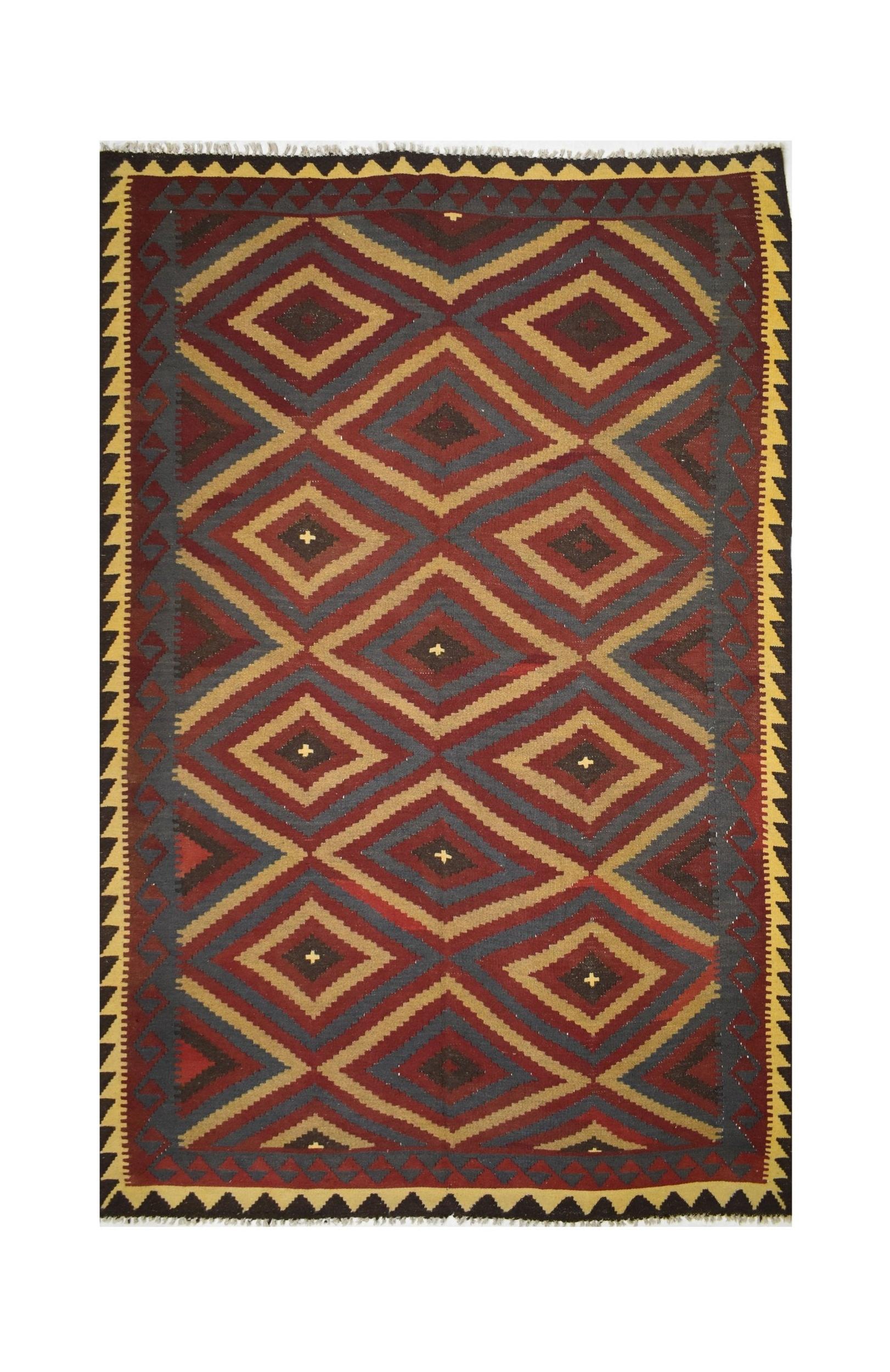 Handmade Afghan Maimana kilim rug featuring a repeating diamond pattern in red, gold, and charcoal.