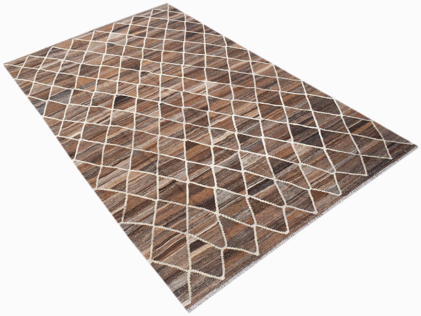 Handwoven Afghan Maimana kilim rug featuring a brown and cream geometric diamond pattern.