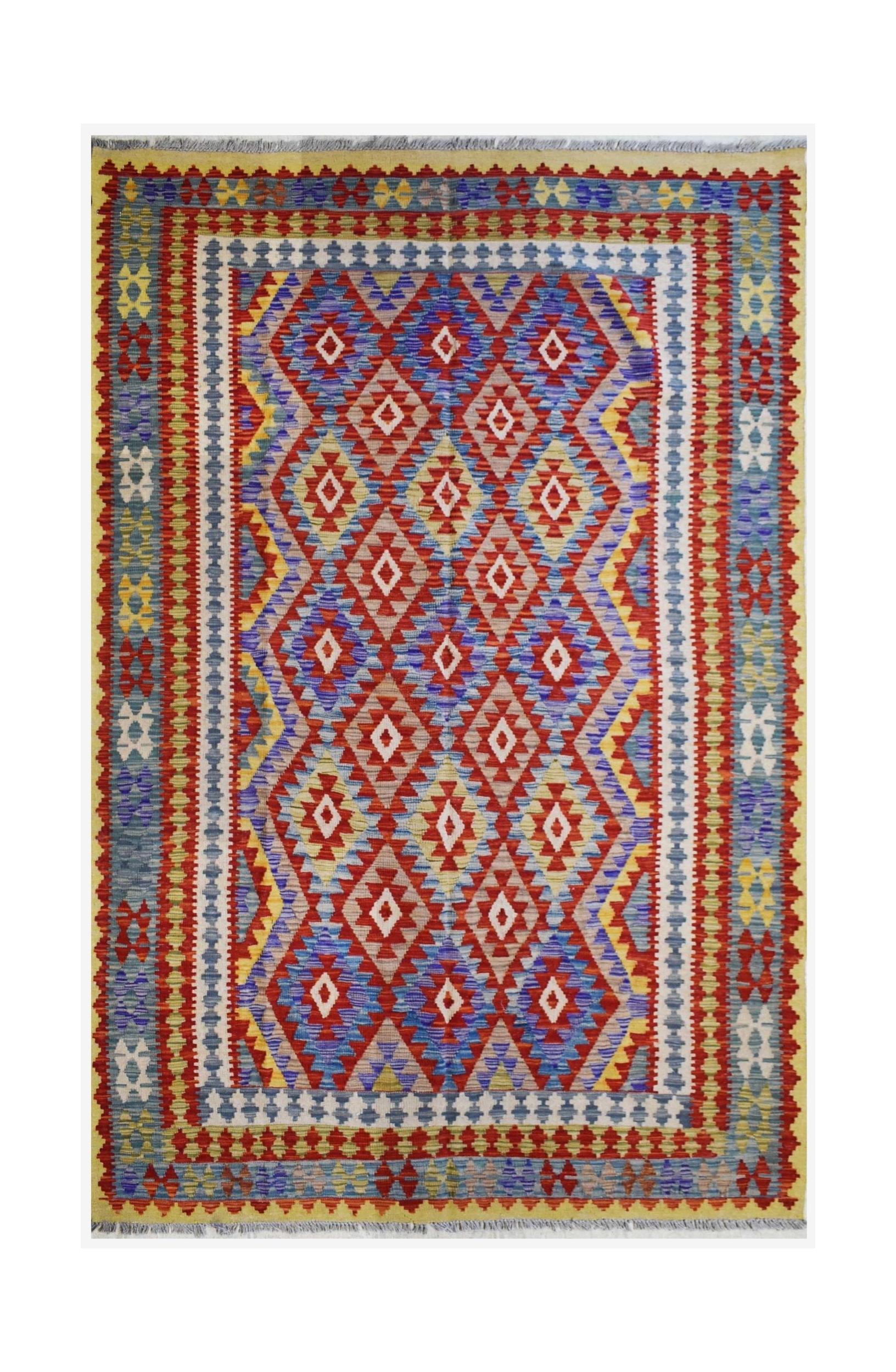 Handmade Afghan Maimana kilim rug featuring a vibrant geometric diamond pattern in wool.