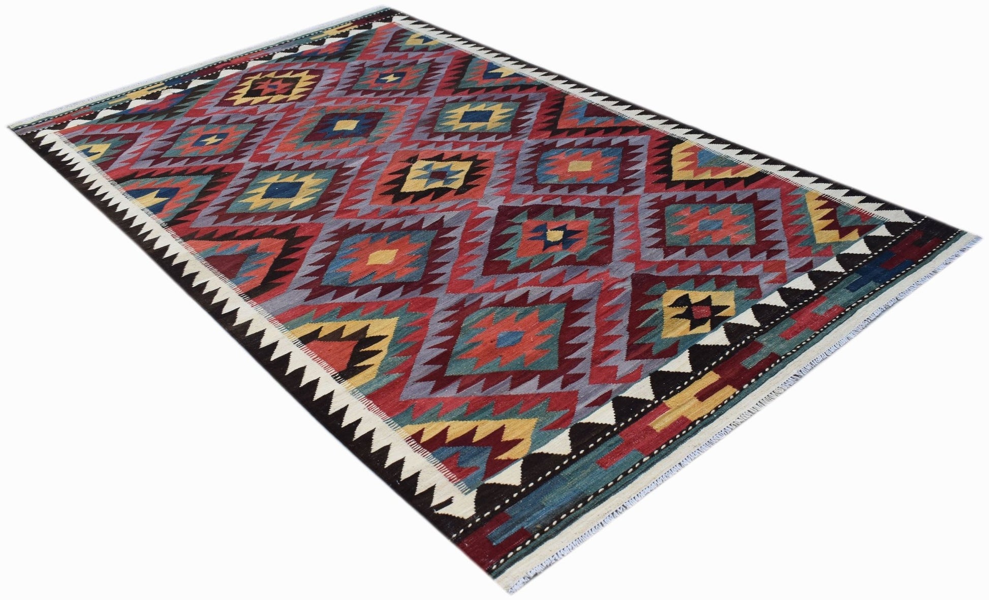 Handwoven Afghan Maimana kilim rug featuring a colorful geometric diamond pattern.