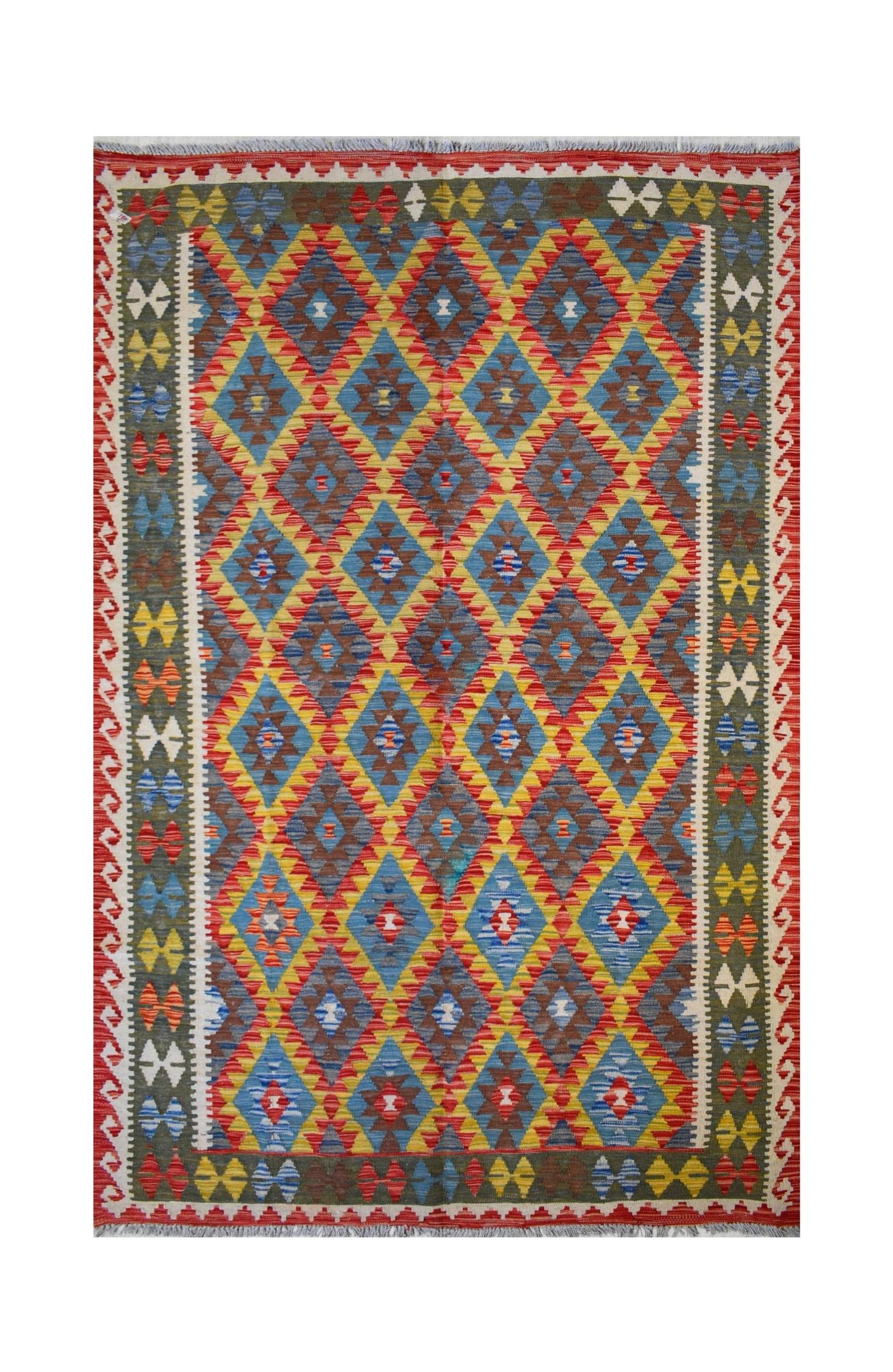 Handmade Afghan Maimana kilim rug featuring a colorful geometric diamond pattern.