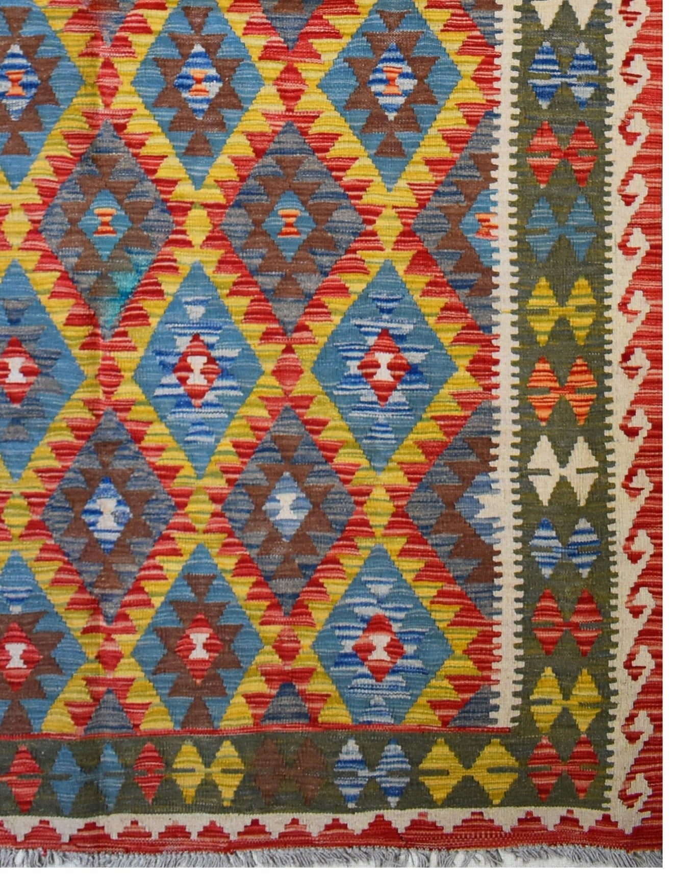 Handmade Afghan Maimana kilim rug featuring a vibrant geometric diamond pattern in wool.