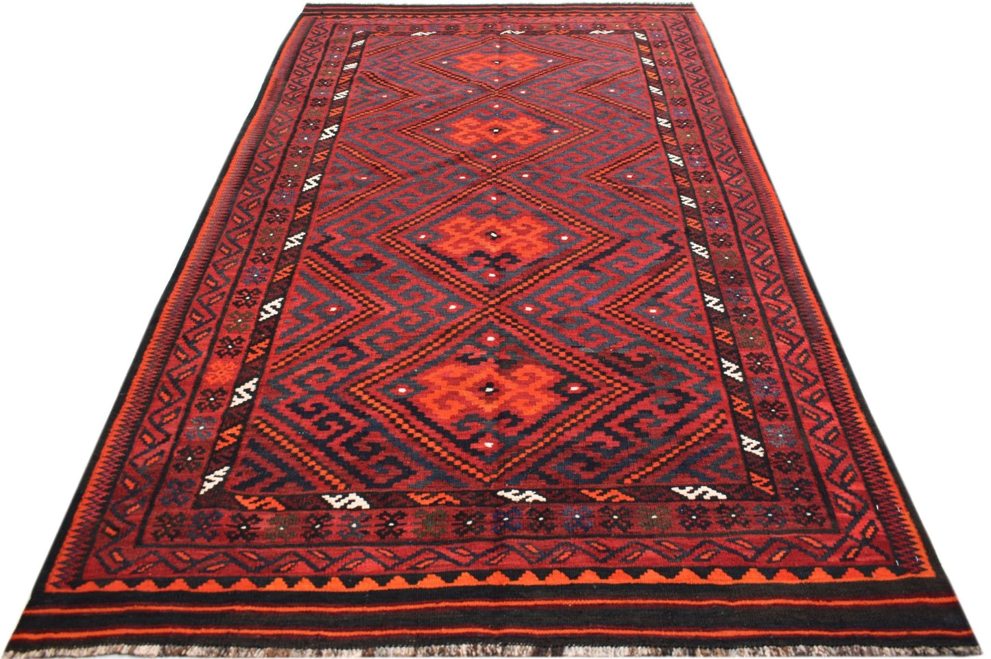 Handwoven Afghan Maimana kilim rug featuring a geometric diamond pattern in red and black wool.