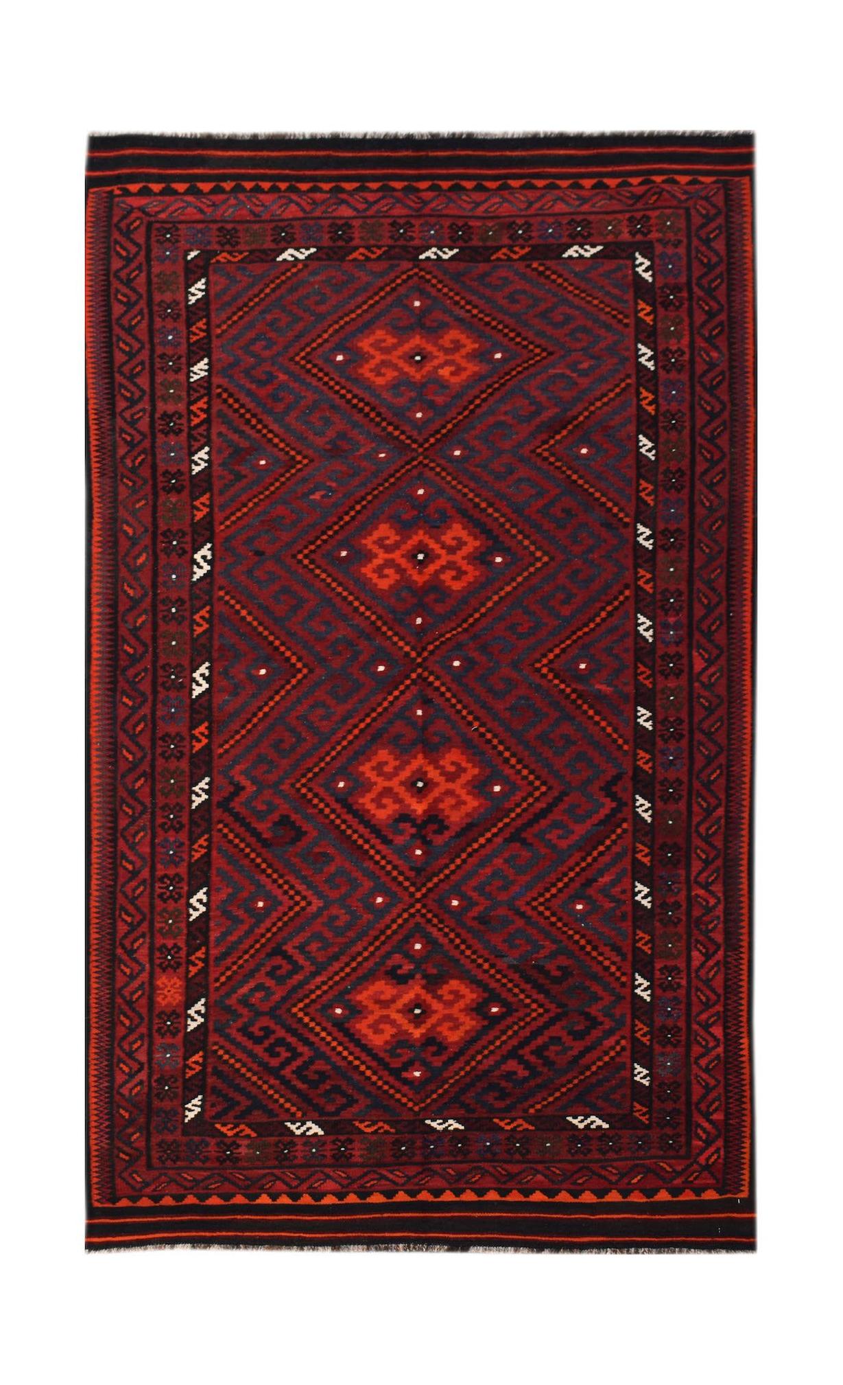Handwoven Afghan Maimana kilim featuring a geometric diamond pattern in red and dark blue tones.