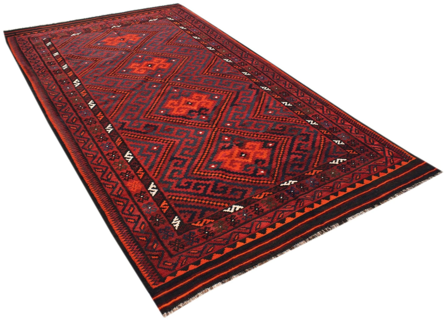 Handwoven Afghan Maimana Kilim rug featuring a geometric diamond pattern in red and dark blue.