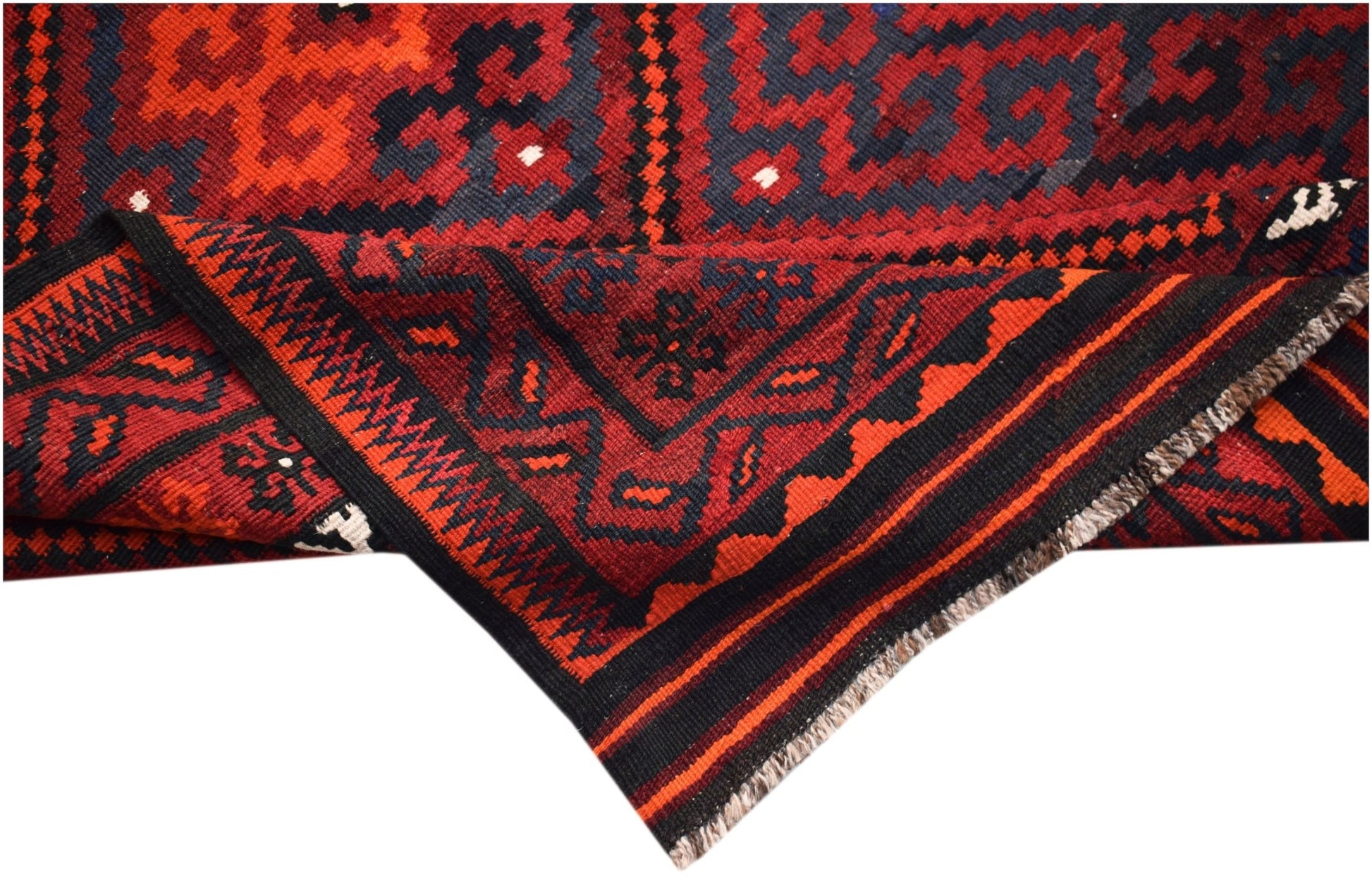 A handwoven Afghan Maimana kilim featuring a geometric pattern in shades of red and black.