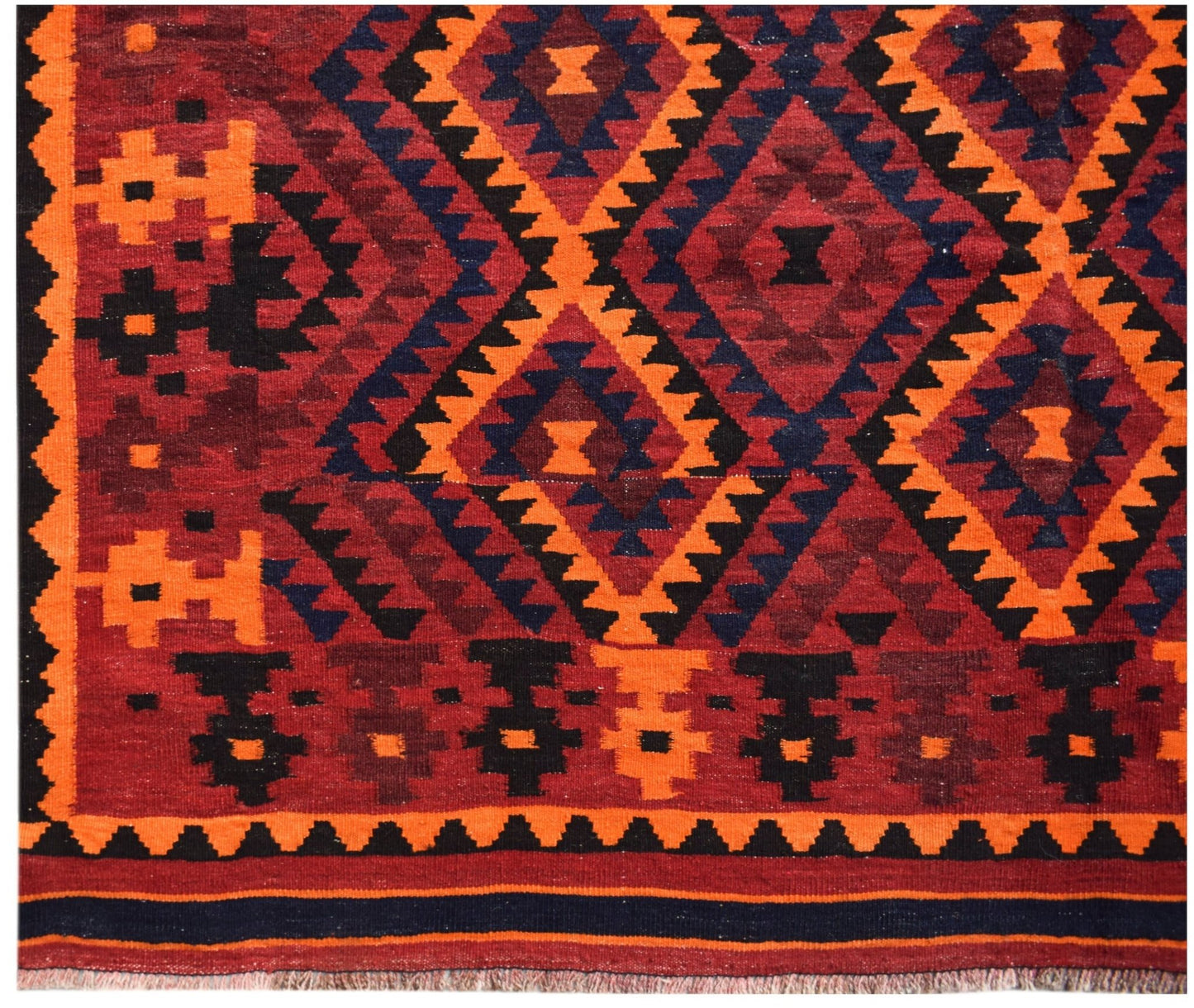 Handwoven Afghan Maimana kilim featuring a geometric diamond pattern in red, orange, and black.