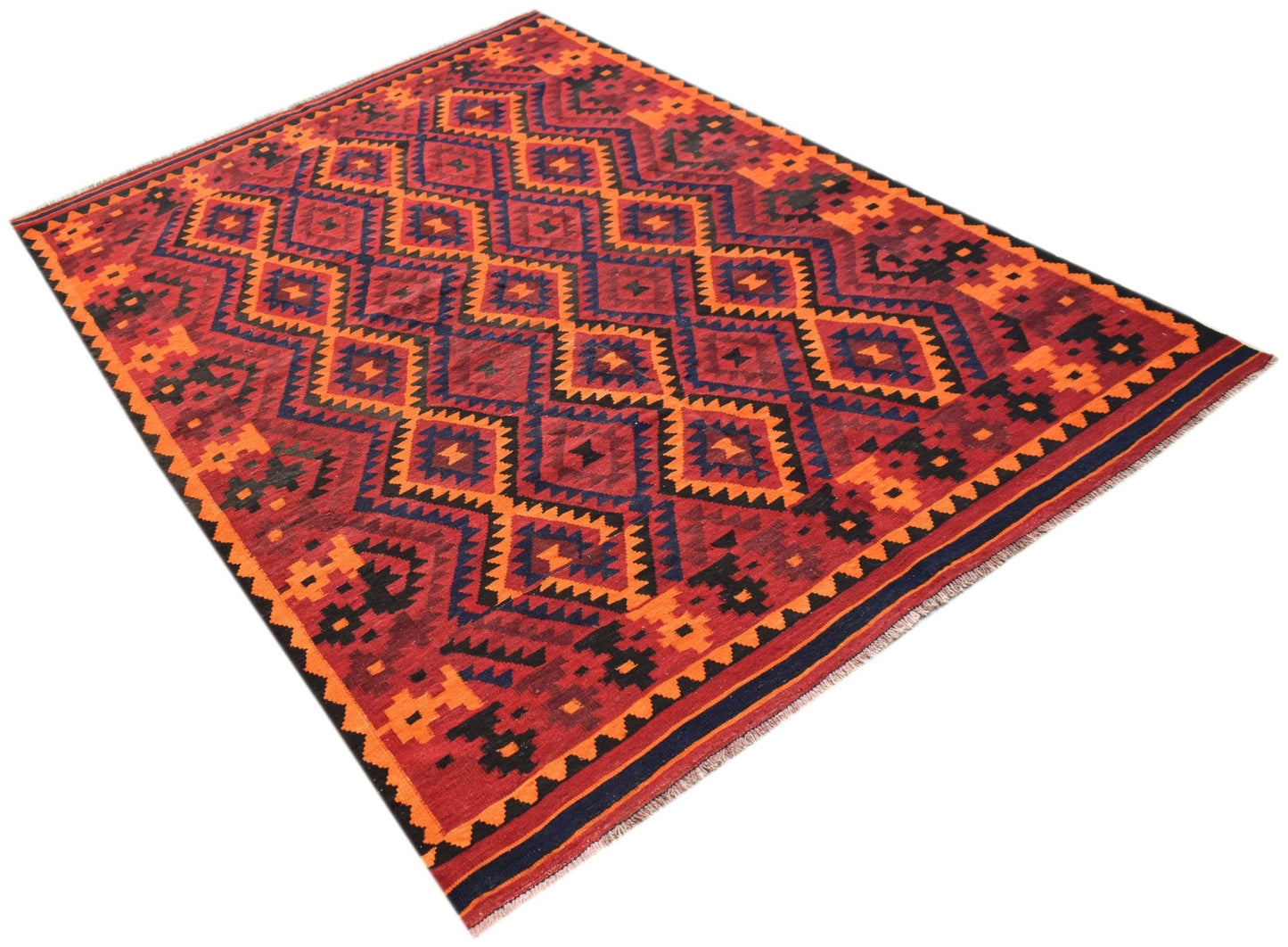 Handwoven Afghan Maimana kilim rug featuring a geometric diamond pattern in red, orange, and blue.
