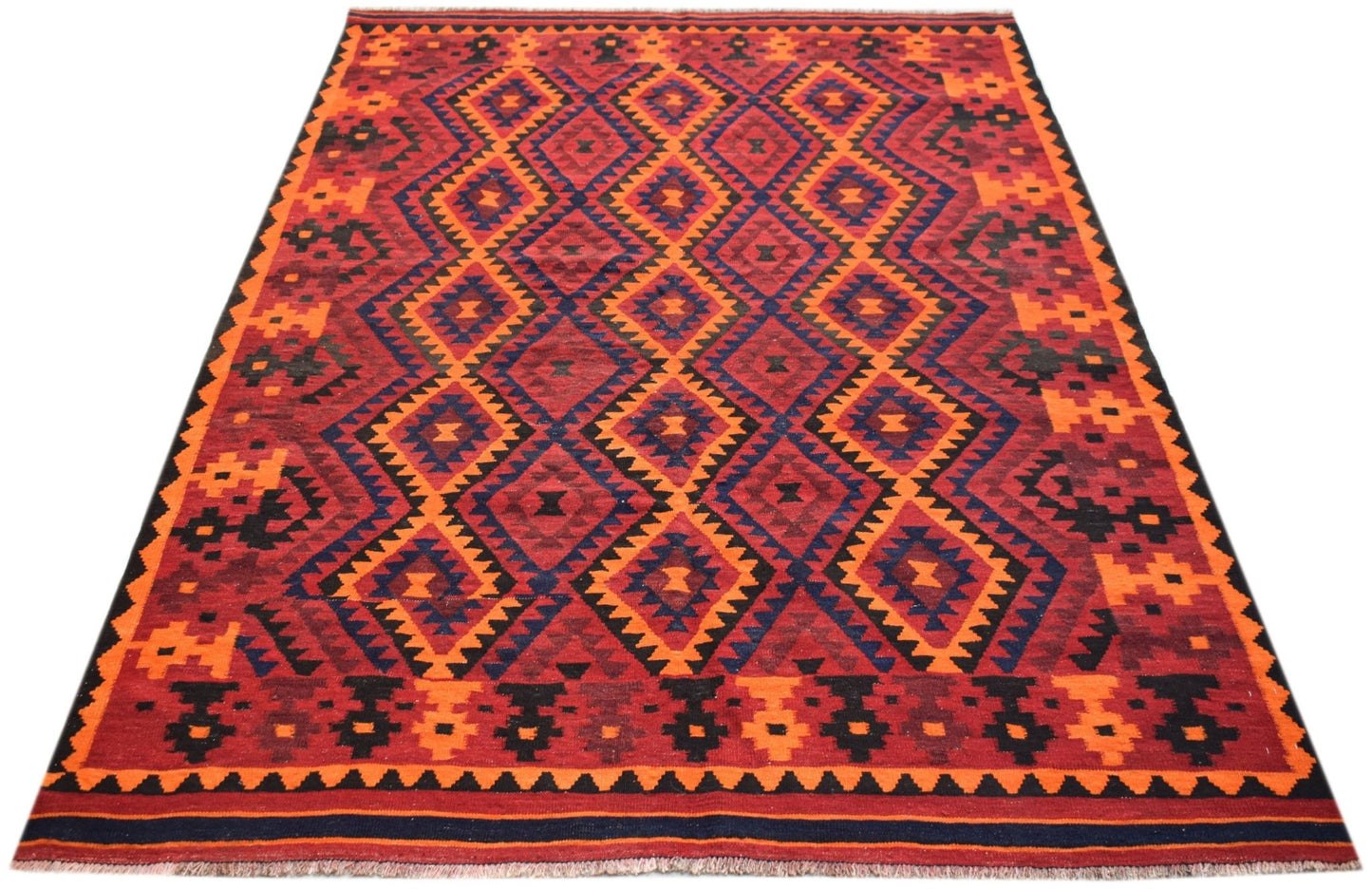 Handwoven Afghan Maimana kilim rug featuring a geometric diamond pattern in red, orange, and blue.