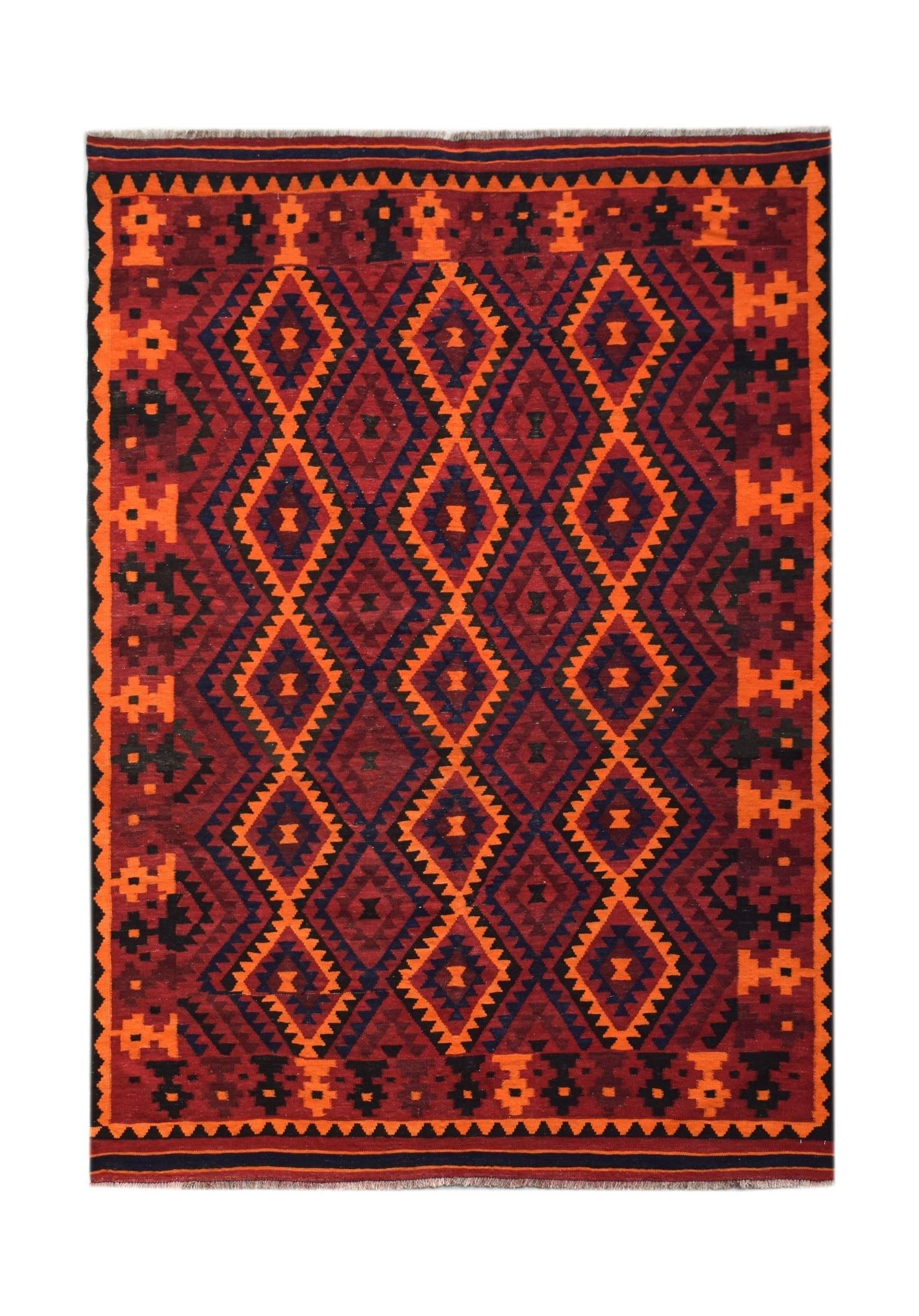 Handwoven Afghan Maimana kilim featuring a geometric diamond pattern in red, orange, and black.