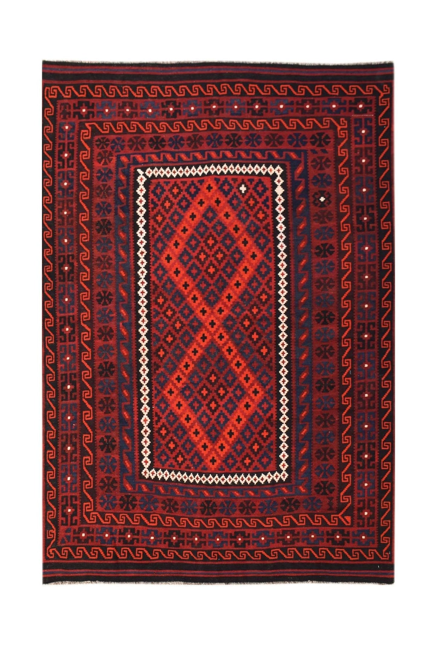Handwoven Afghan Maimana kilim featuring a red and blue geometric diamond pattern.
