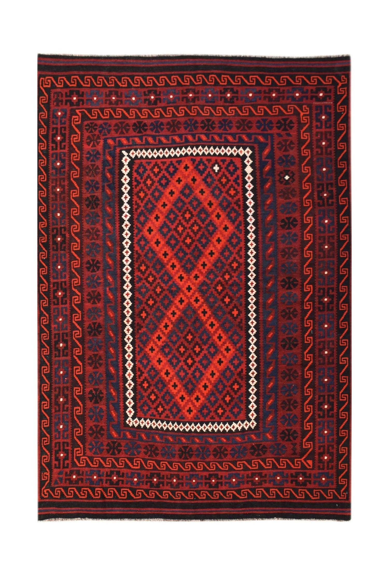 Handwoven Afghan Maimana kilim featuring a red and blue geometric diamond pattern.