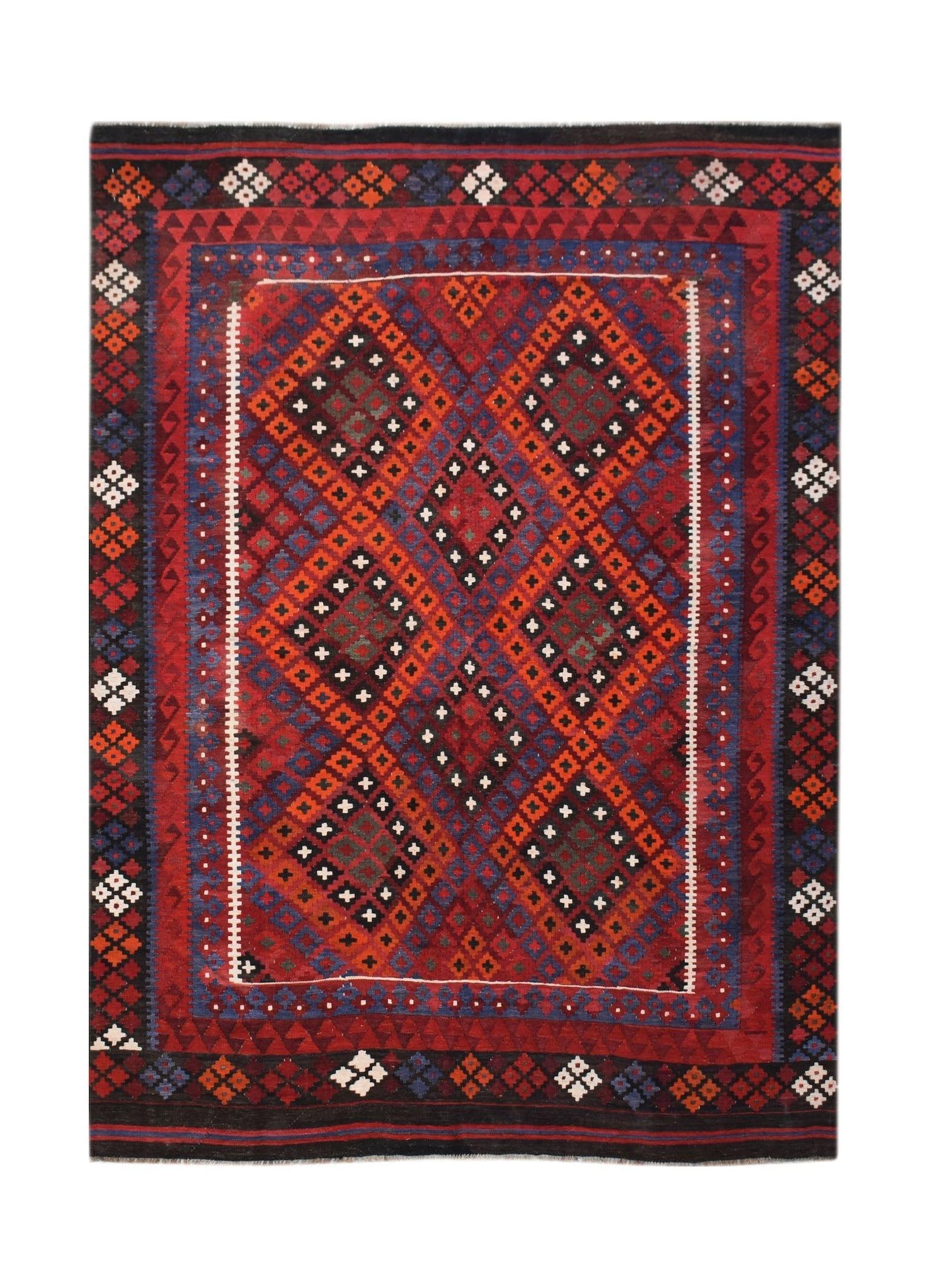Handwoven Afghan Maimana kilim featuring a geometric diamond pattern in red, blue, and black wool.