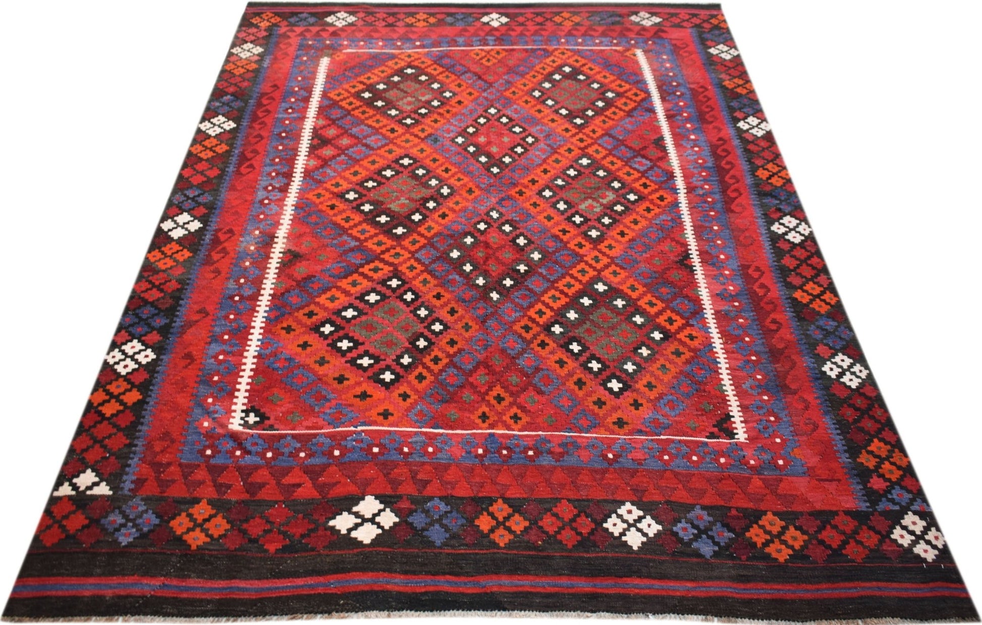 Handwoven Afghan Maimana kilim rug featuring a geometric diamond pattern in red, blue, and black.