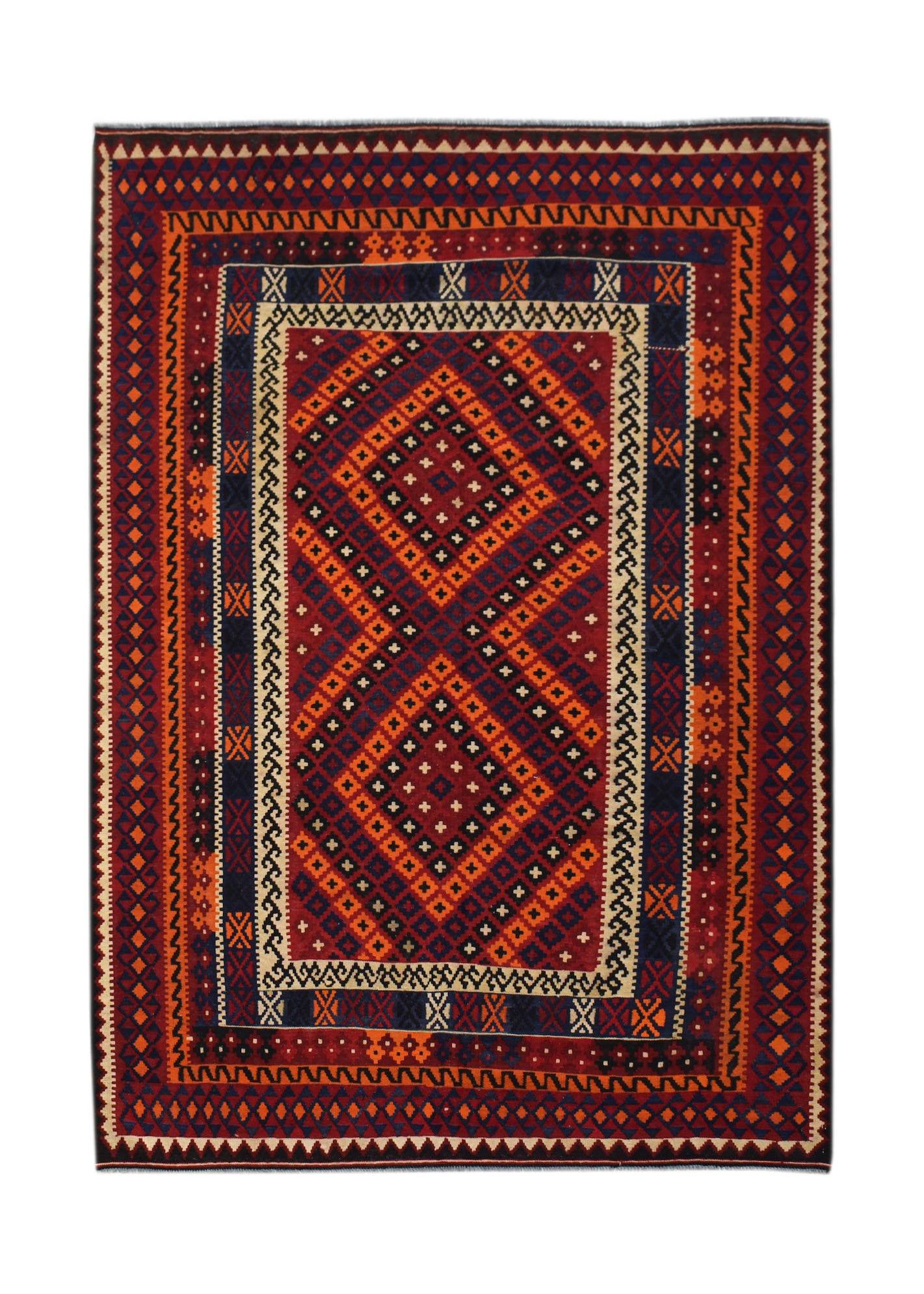 Handwoven Afghan Maimana kilim rug featuring a geometric diamond pattern in red, orange, and blue.