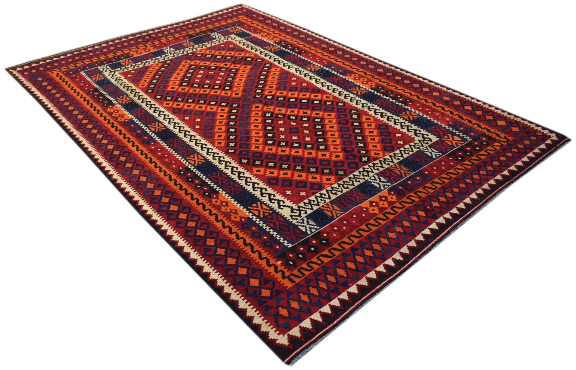 Handwoven Afghan Maimana kilim rug featuring a geometric diamond pattern in red, orange, and blue.