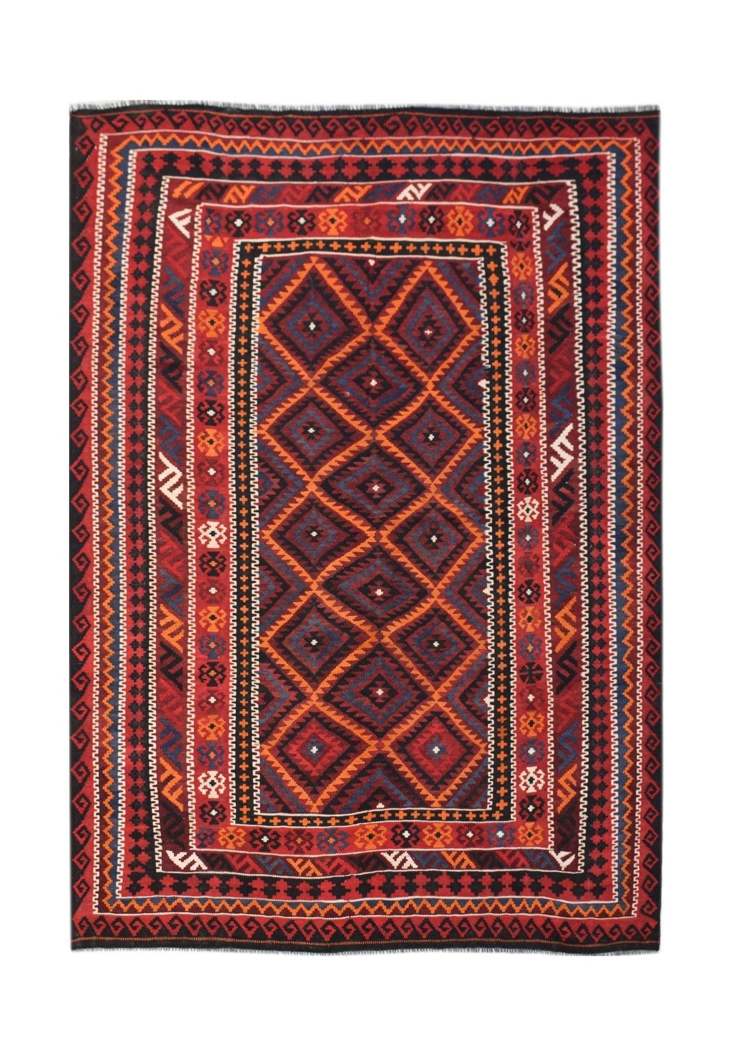 Handwoven Afghan Maimana kilim featuring a geometric diamond pattern in red, orange, and blue.