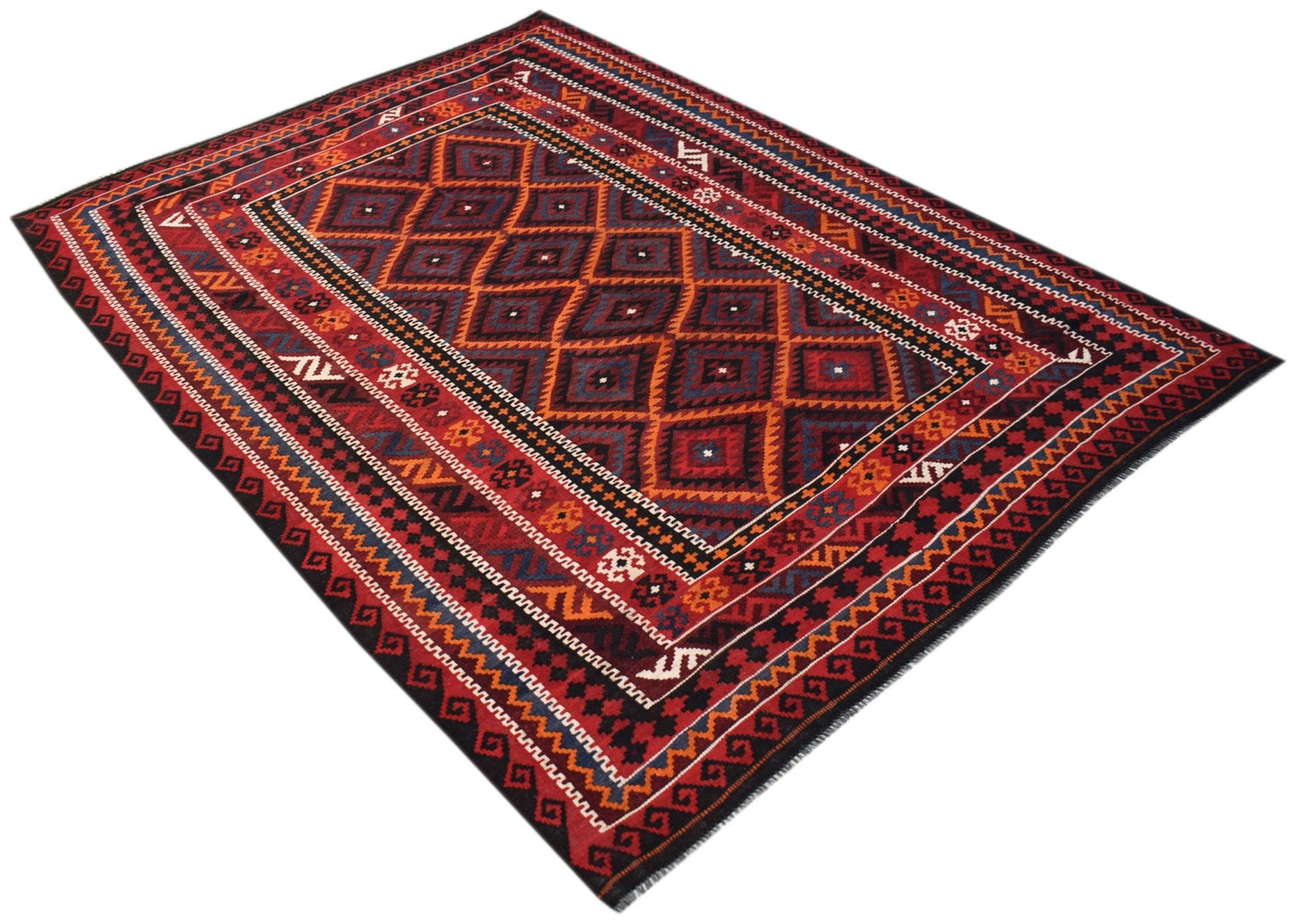 Handwoven Afghan Maimana kilim rug featuring a geometric diamond pattern in red and blue tones.