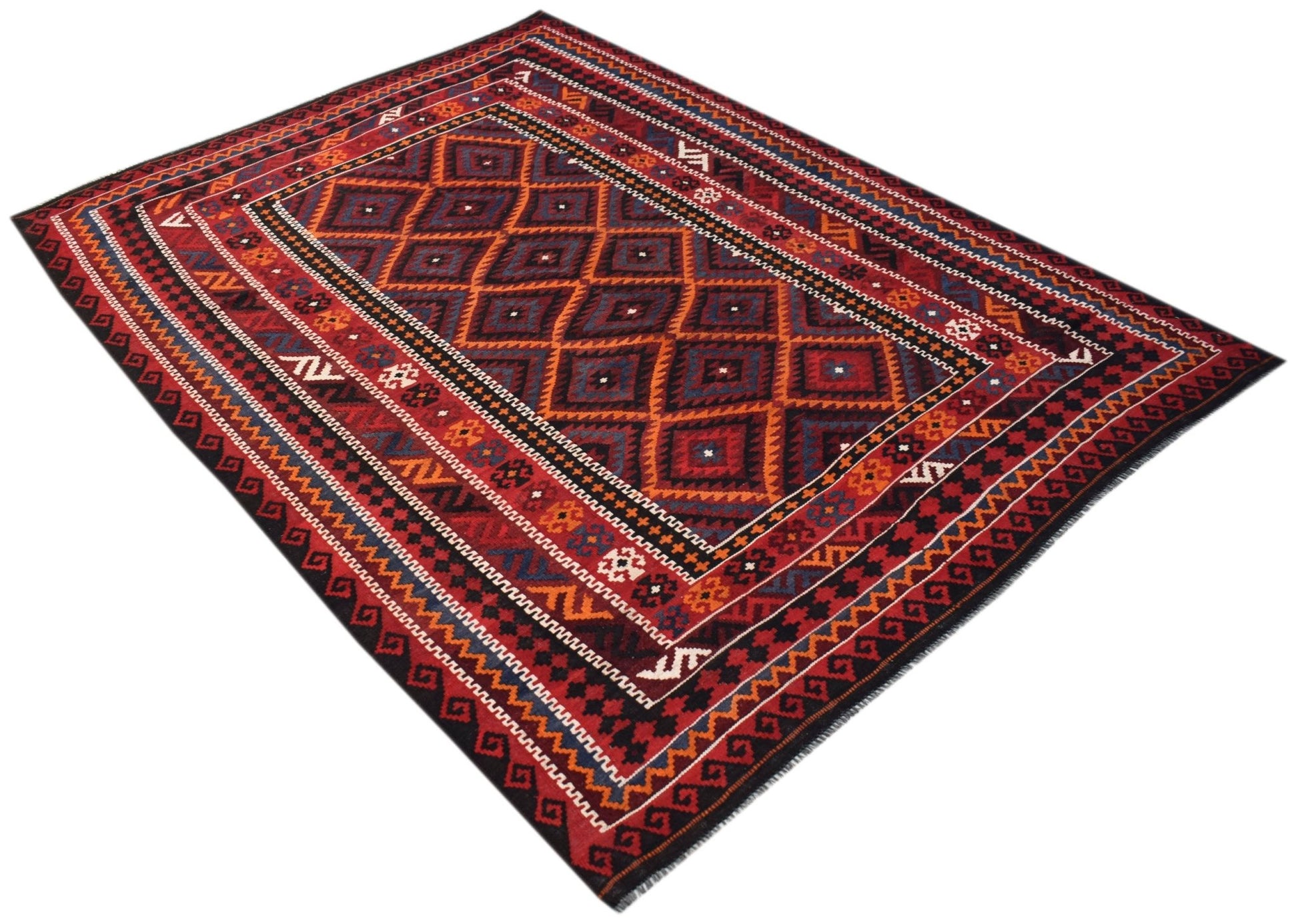 Handwoven Afghan Maimana kilim rug featuring a geometric diamond pattern in red and blue tones.