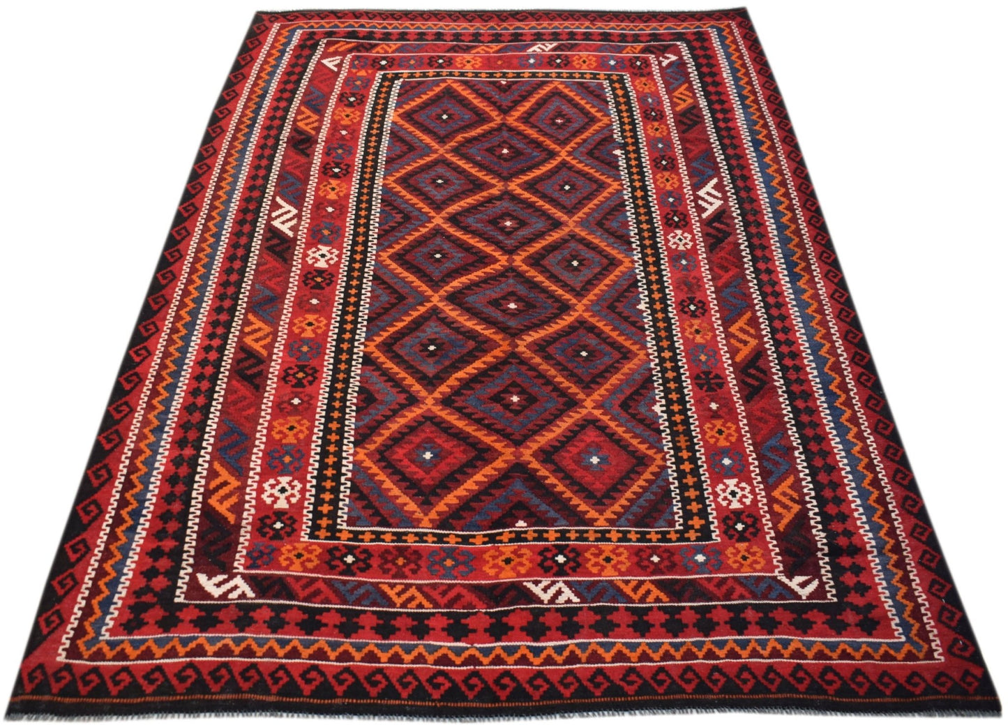 Handwoven Afghan Maimana kilim rug featuring a geometric diamond pattern in red and blue tones.
