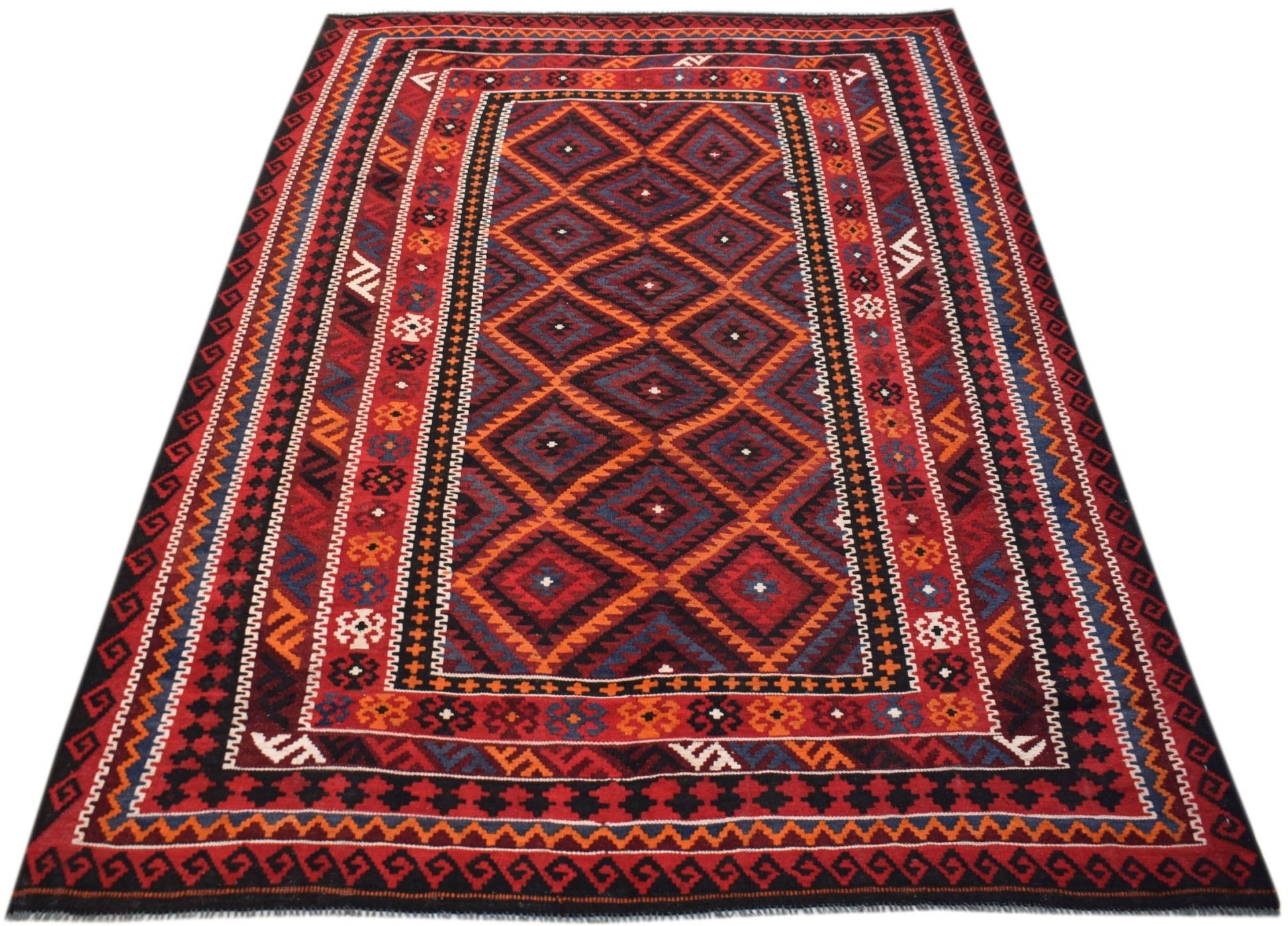 Handwoven Afghan Maimana kilim rug featuring a geometric diamond pattern in red and blue tones.