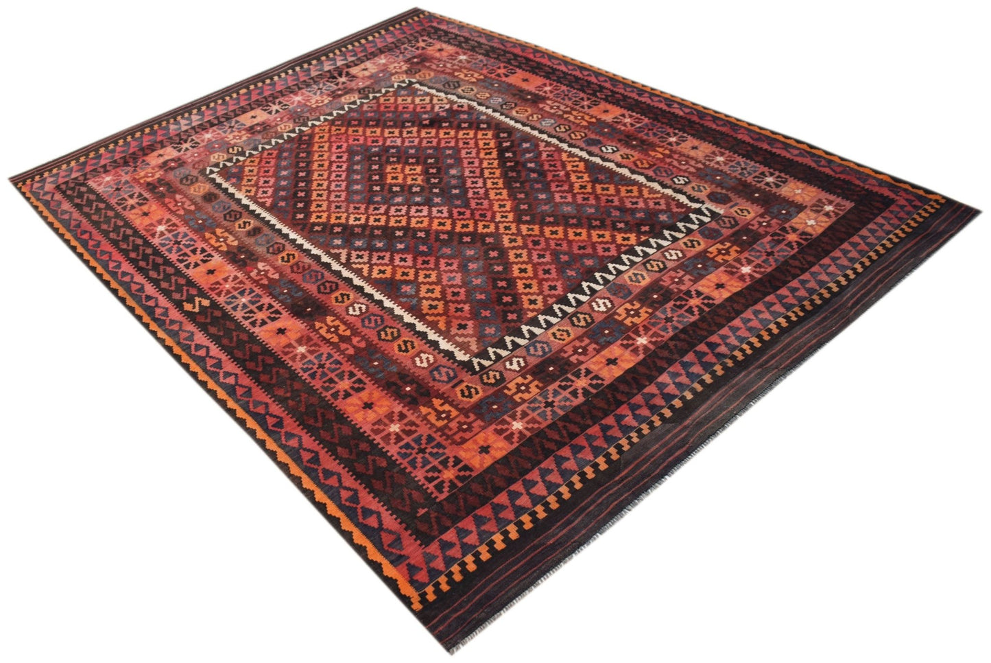 Handwoven Afghan Maimana kilim rug featuring a geometric diamond pattern in rich red and blue tones.