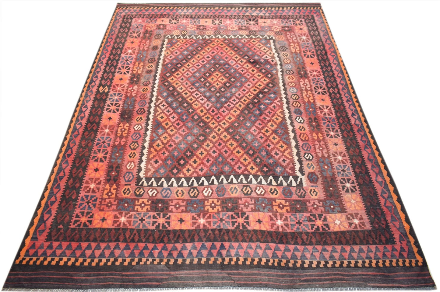 Handwoven Afghan Maimana Kilim rug featuring a geometric diamond pattern in warm red and blue tones.
