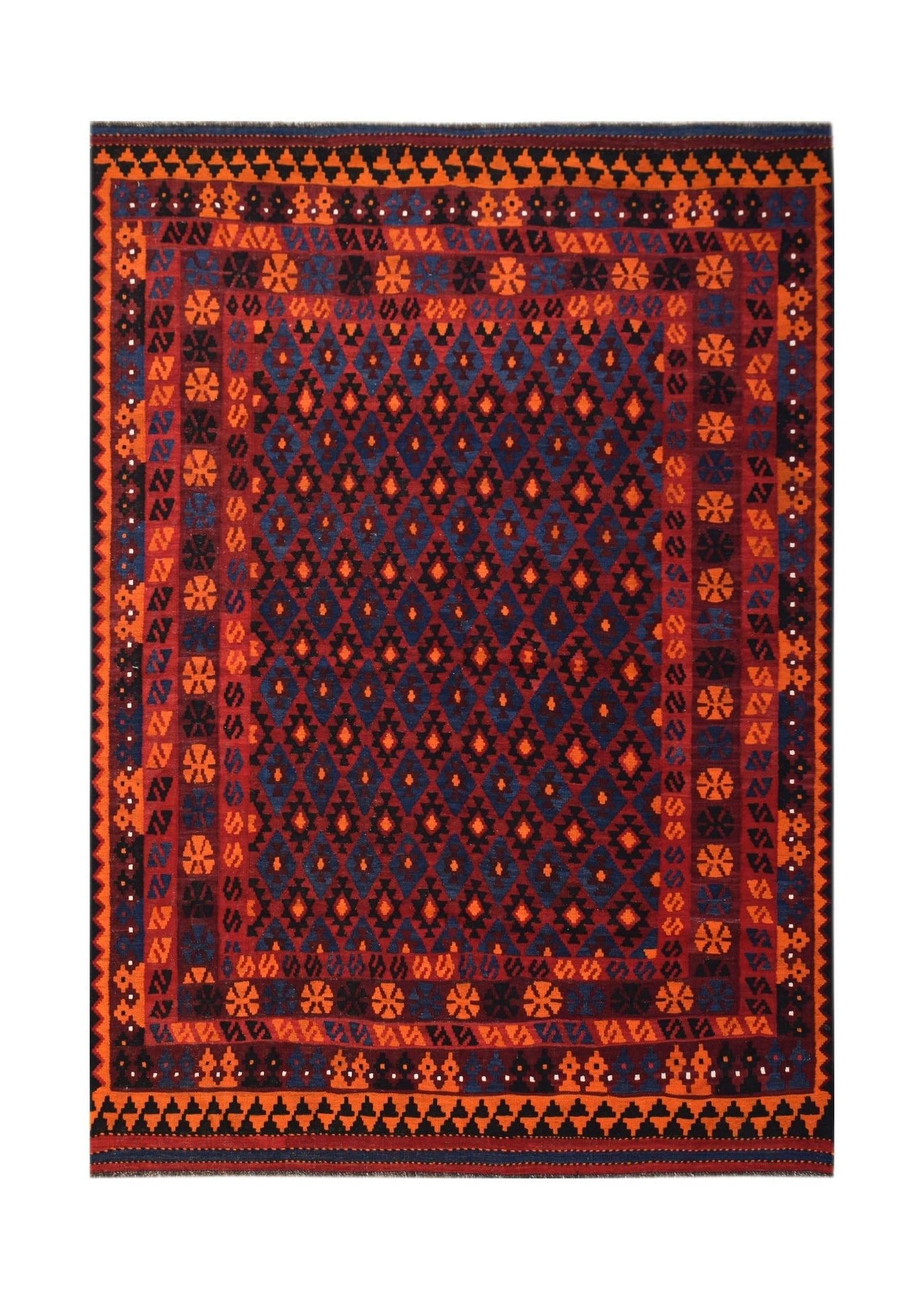 Handwoven Afghan Maimana kilim featuring a geometric diamond pattern in red, blue, and orange.